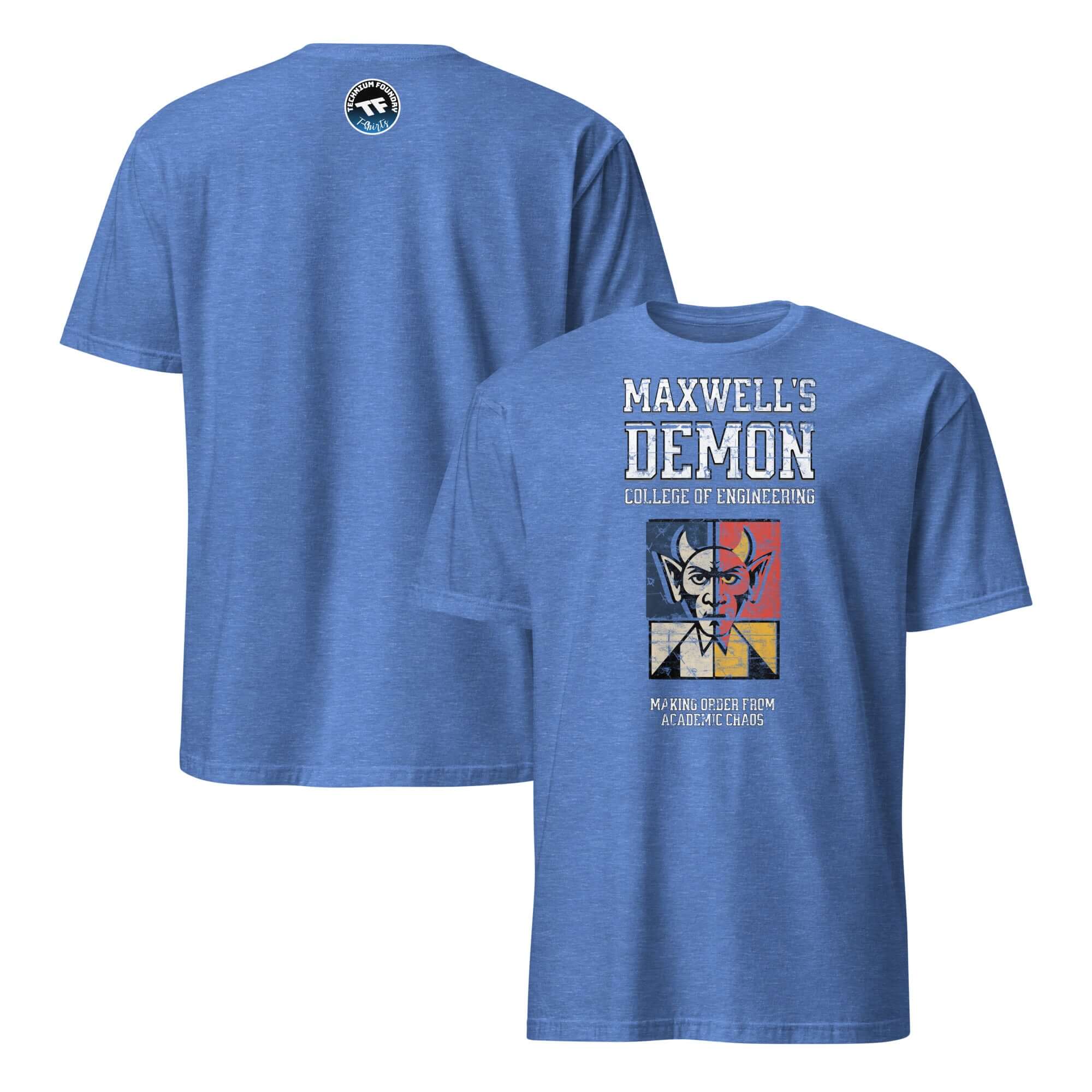 Blue Maxwell's Demon College of Engineering T-shirt featuring physics humor and academic entropy control design.