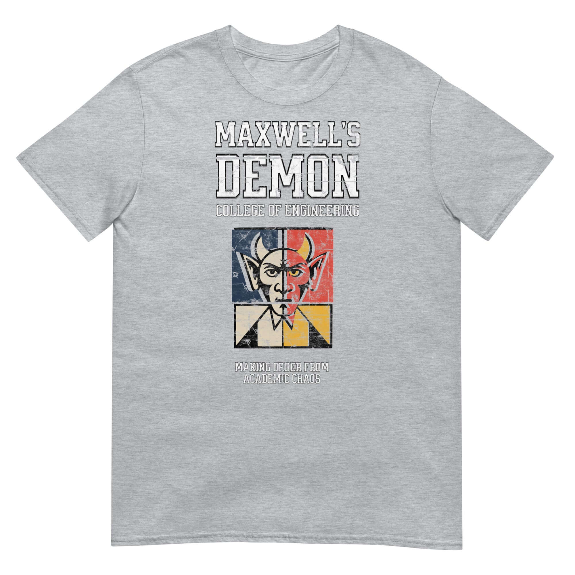 Gray Maxwell's Demon College of Engineering T-Shirt with colorful demonic emblem; humorous physics-themed design for academic fans.