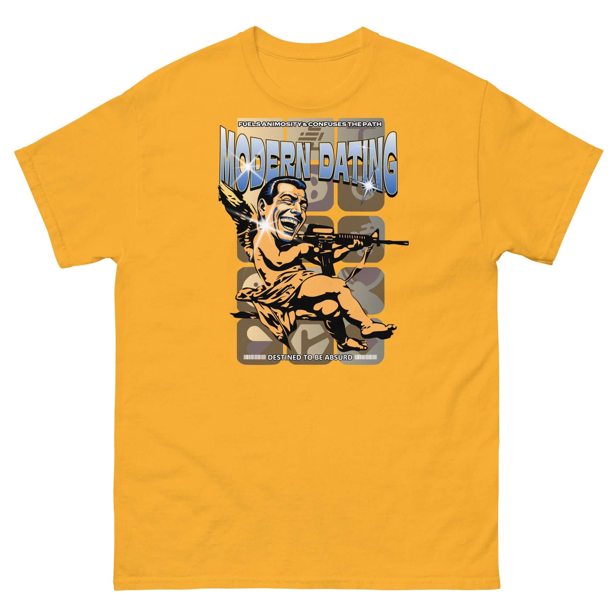 Modern Dating Satire T-Shirt in yellow featuring tactical Cupid illustration and humorous relationship parody theme.