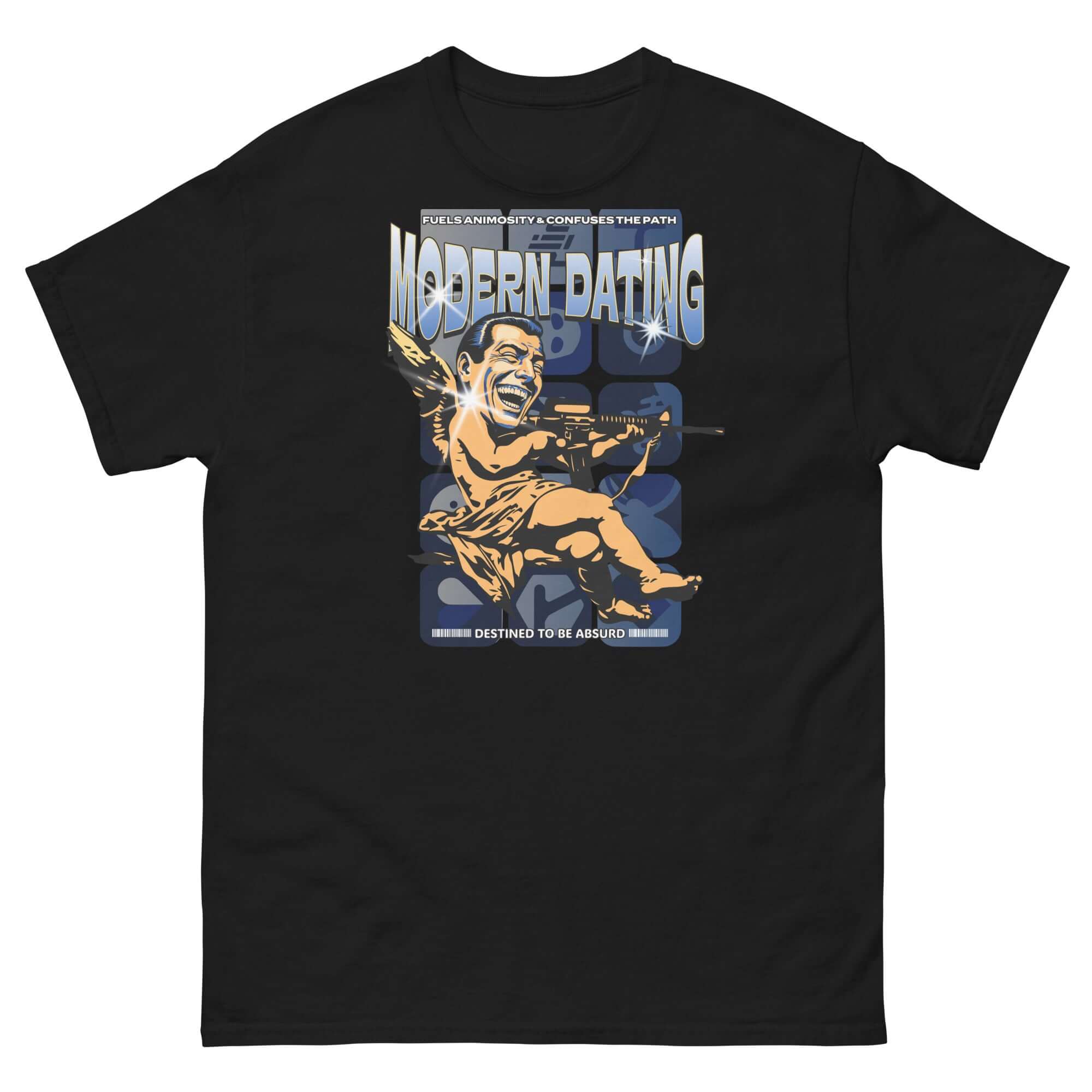 Black "Modern Dating" satire T-shirt featuring a tactical Cupid, representing humorous take on contemporary romance.