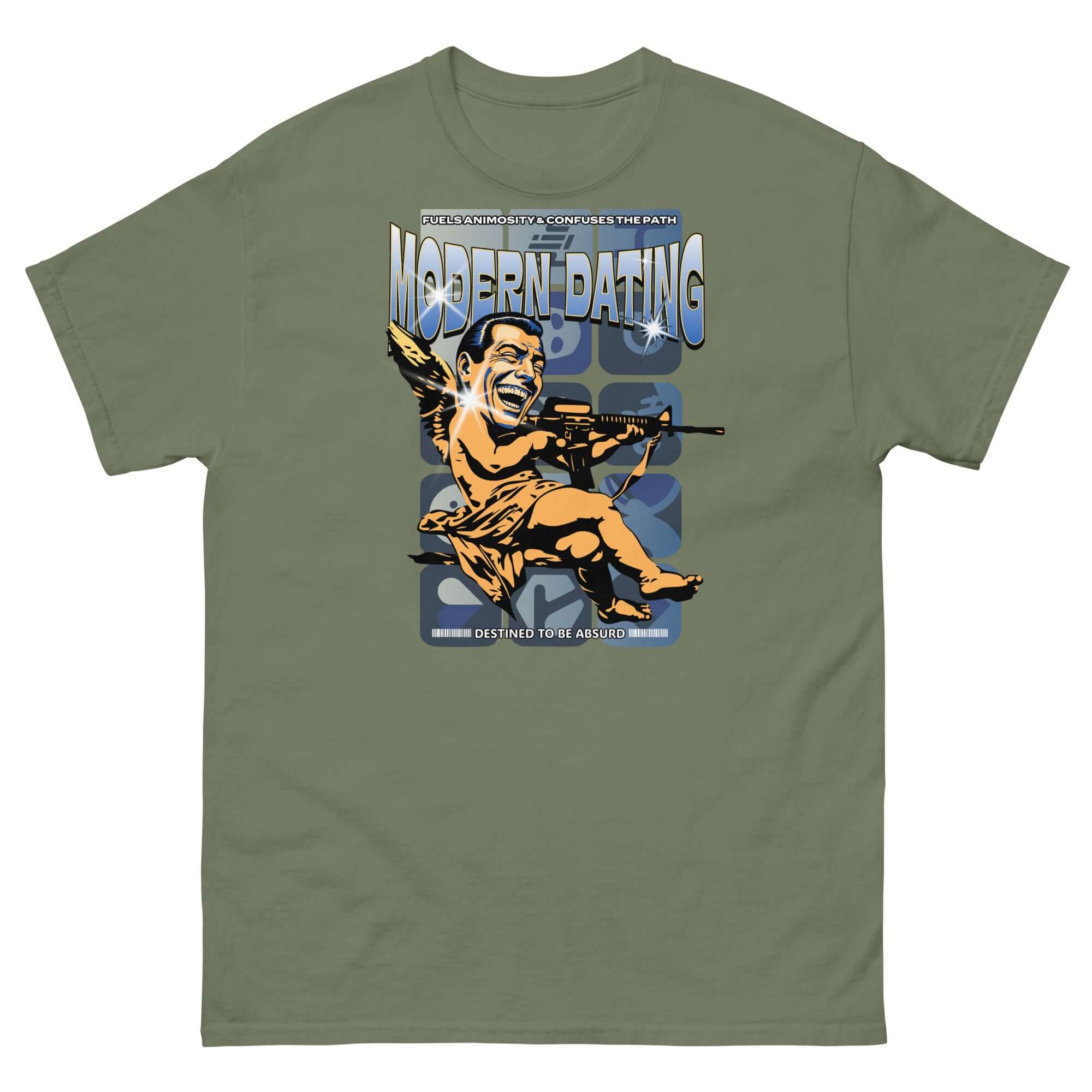 Modern Dating Satire T-Shirt with cartoon Cupid armed for humorous take on online dating; relationship comedy apparel in green.