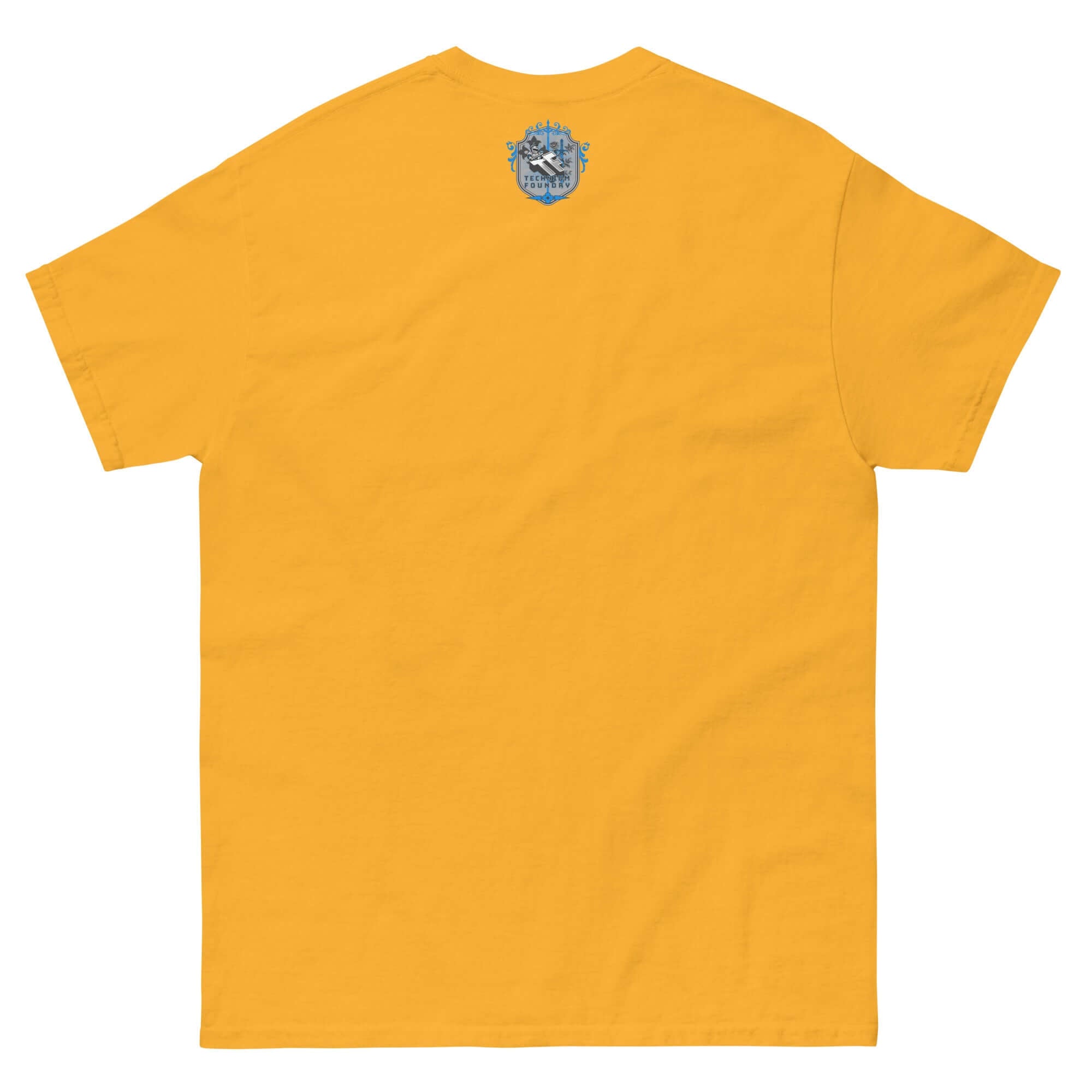 Yellow t-shirt back view with small blue graphic, modern dating satire design, cotton material, relationship comedy apparel.