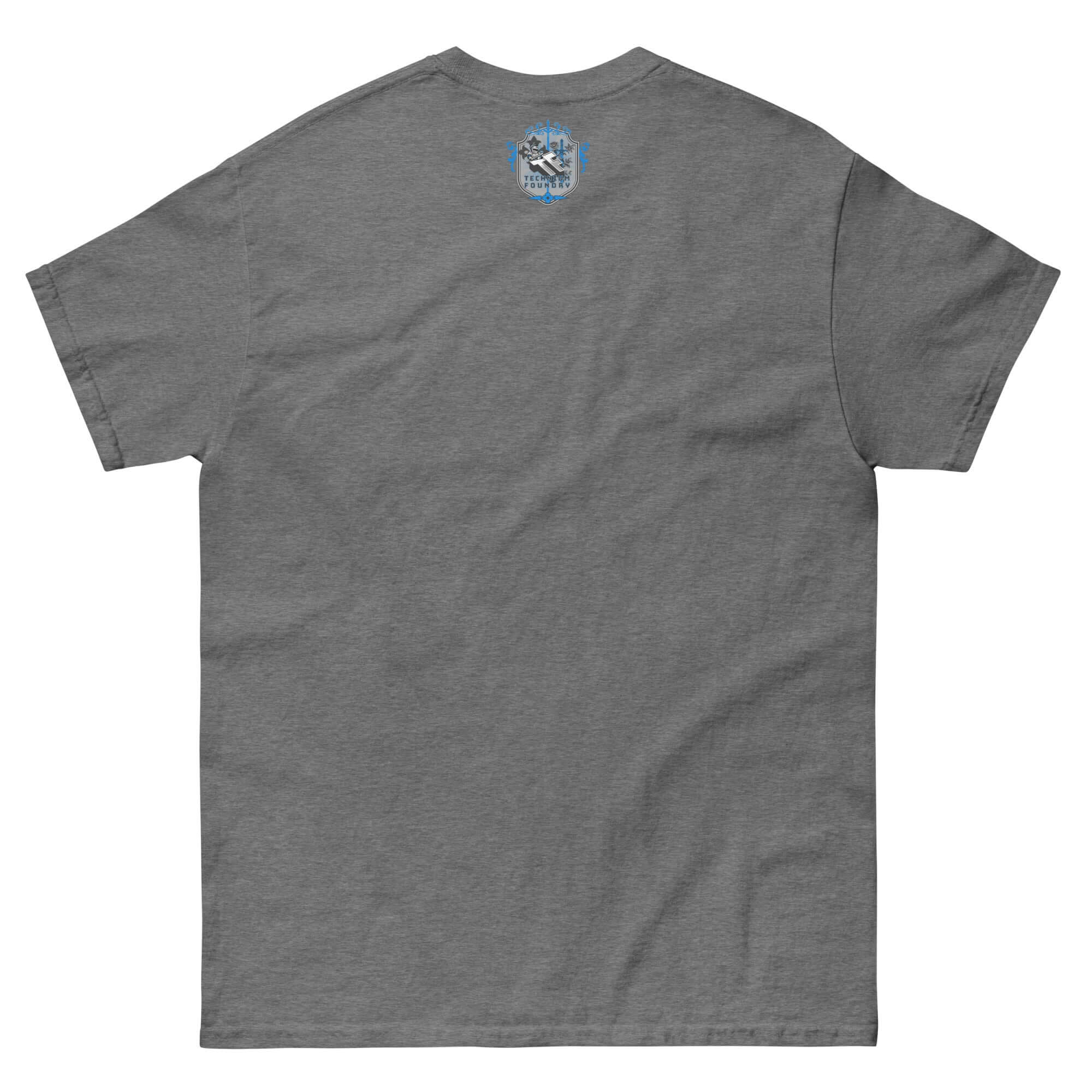 Back view of a gray 'Modern Dating Satire' T-shirt with humorous relationship-themed design, perfect for comedy apparel lovers.