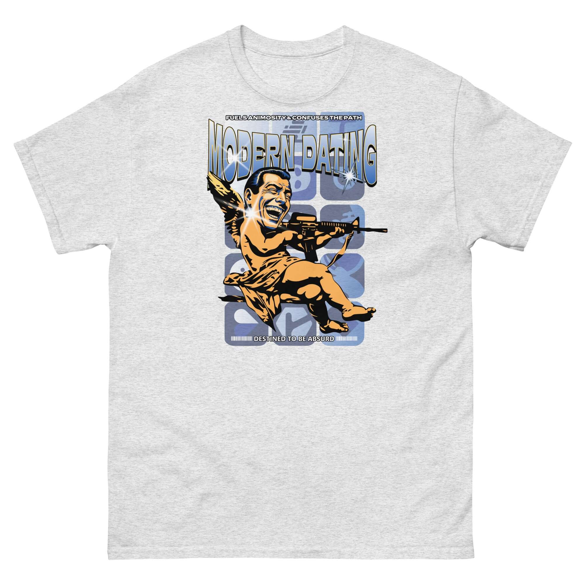 "Modern Dating Satire T-Shirt with tactical Cupid, black cotton shirt about contemporary relationships and dating comedy."