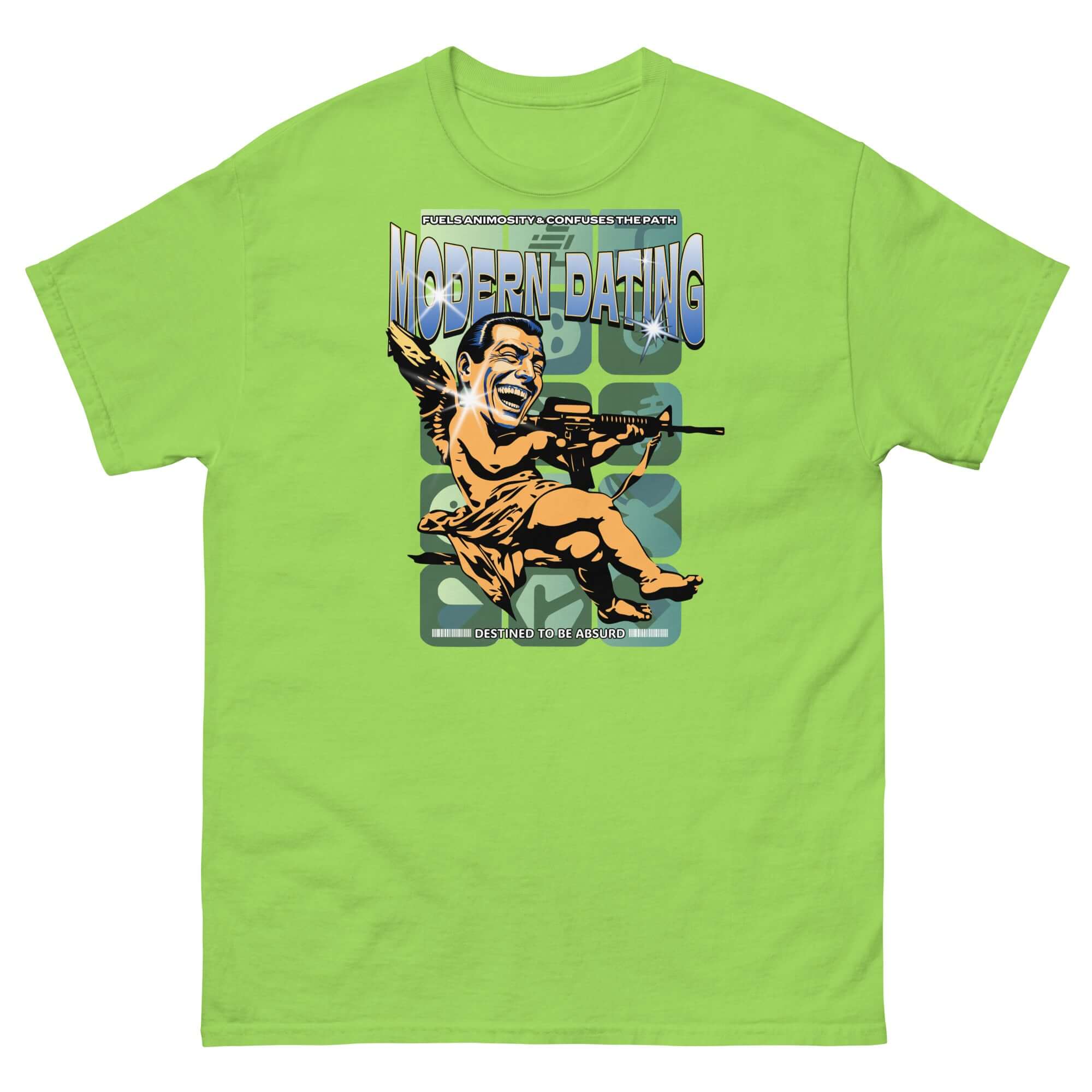 Green t-shirt with a humorous modern dating design featuring a tactical Cupid illustration. Perfect for relationship comedy fans.