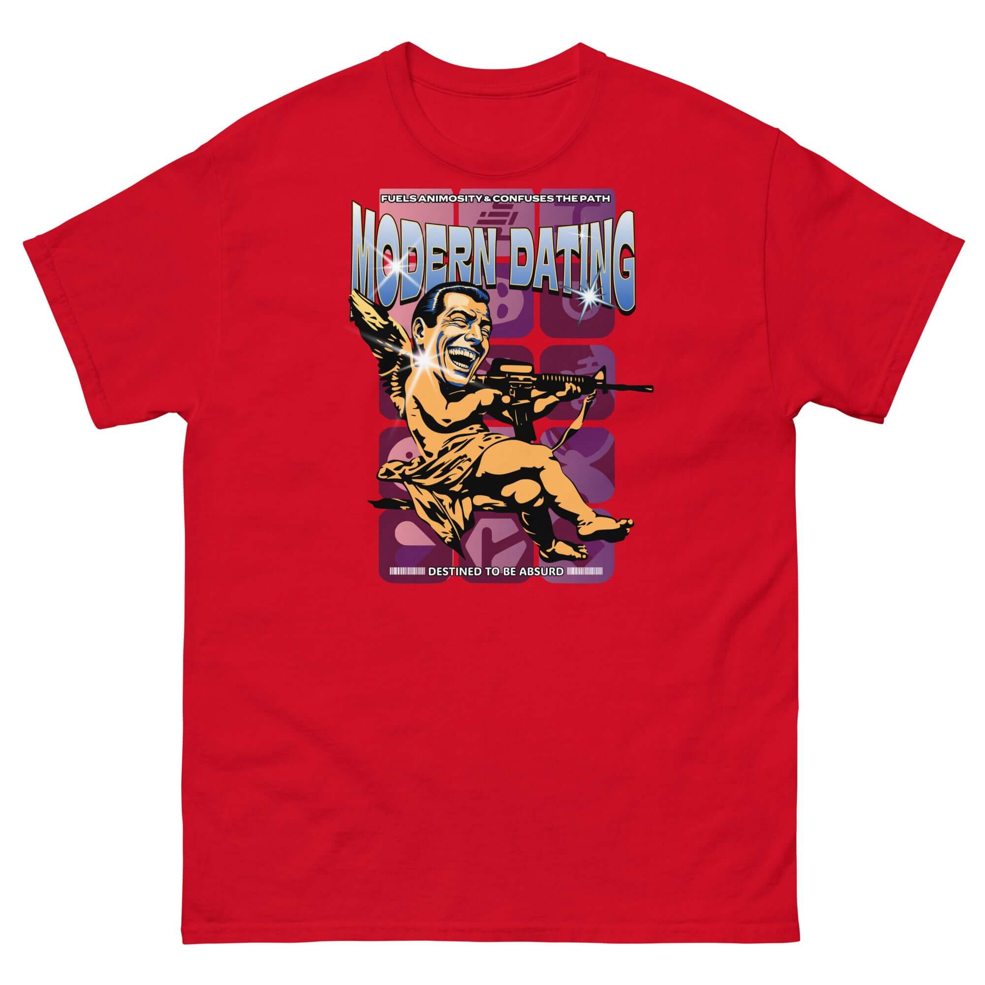 Red t-shirt featuring a comedic modern dating satire design with a tactical Cupid, blending humor with relationship themes.