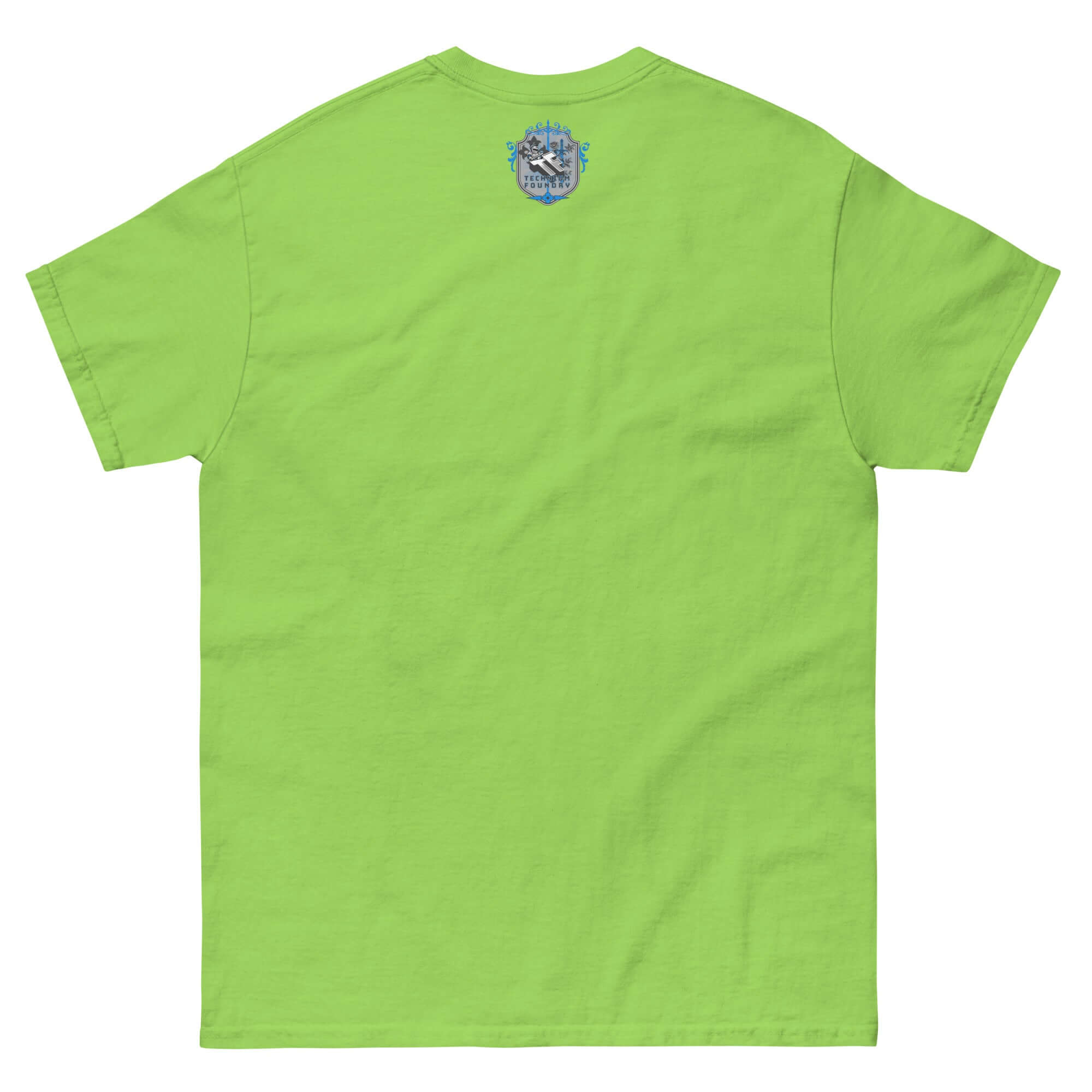 Back view of lime green Modern Dating Satire T-Shirt with small emblem near neckline, perfect for comedy and relationship enthusiasts.