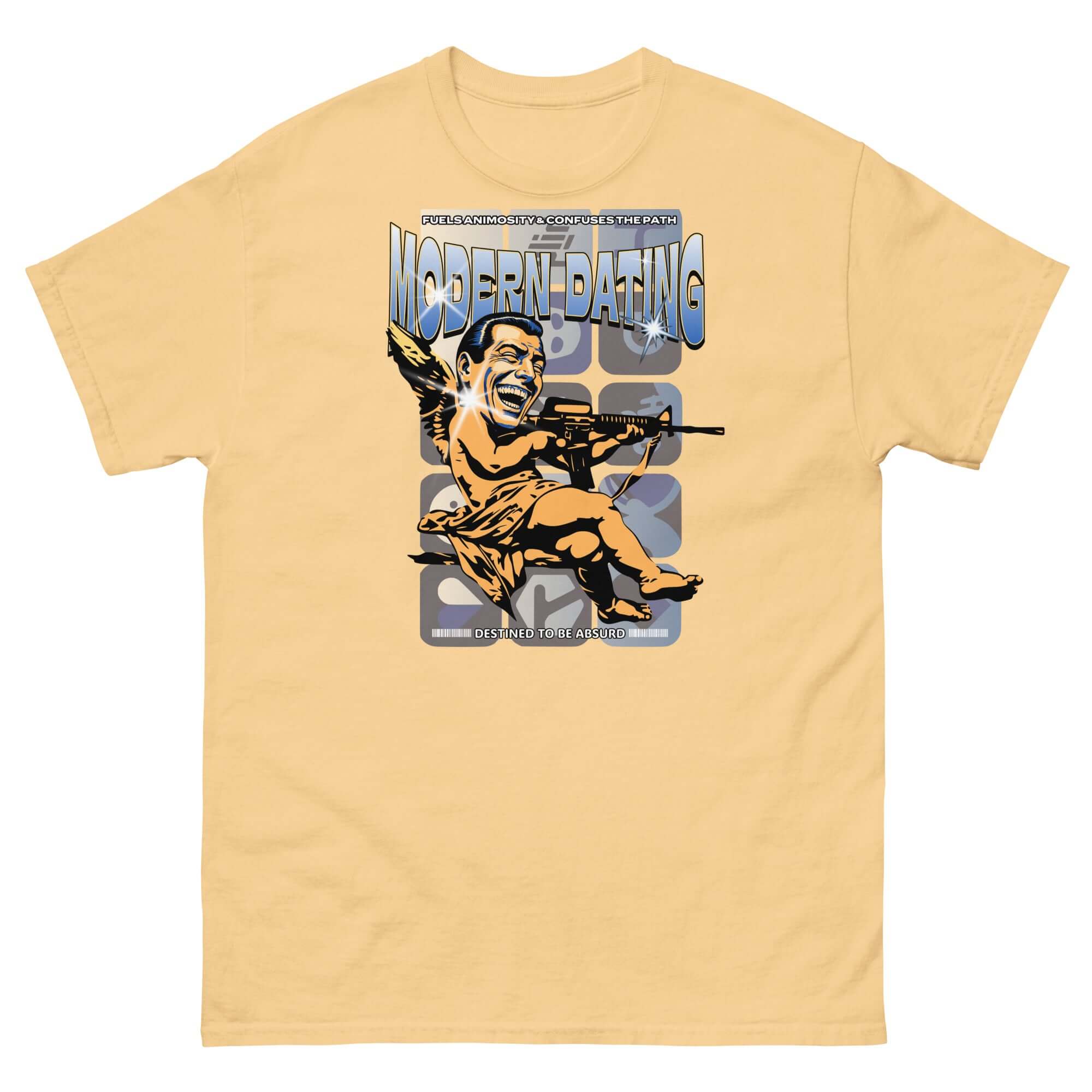 Modern Dating Satire T-Shirt featuring comedic Cupid with rifle, exploring contemporary romance in yellow cotton; relationship comedy apparel