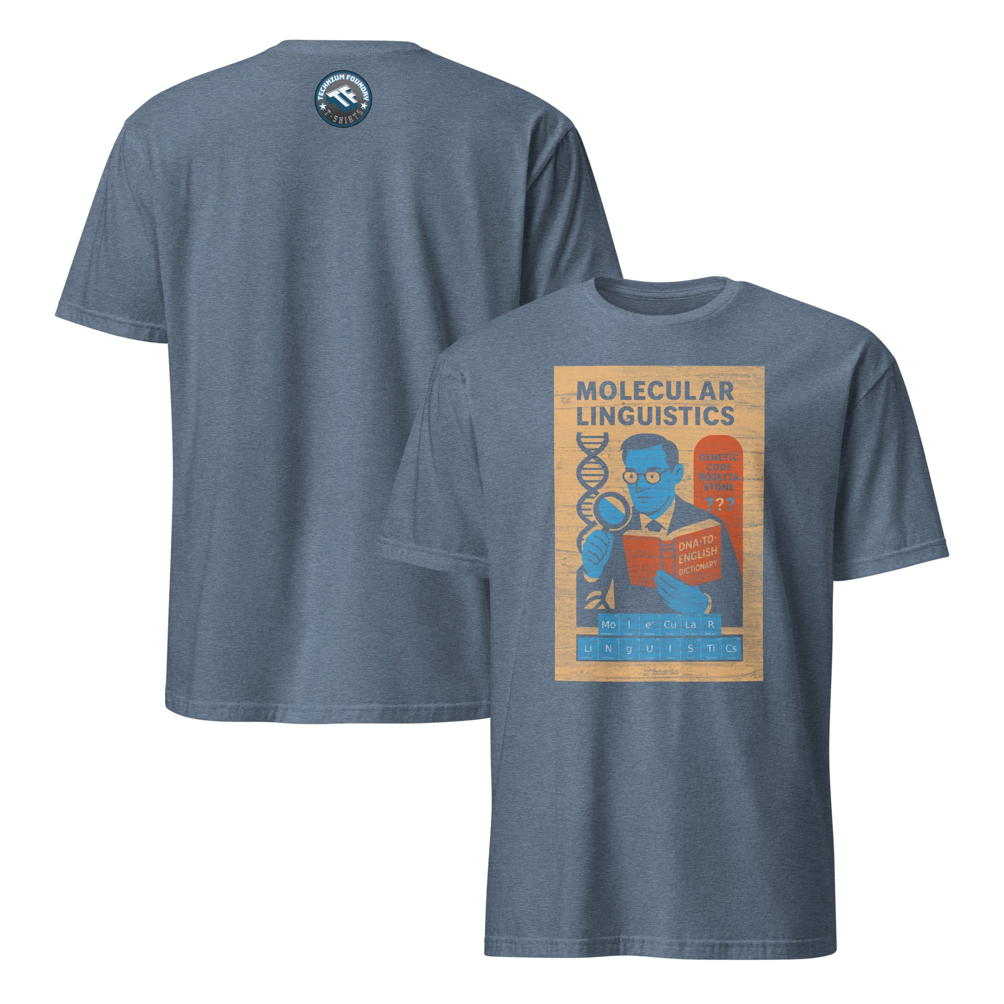 Molecular Linguistics T-Shirt with DNA-to-English graphic, blue color, showcasing academic design for genetics enthusiasts.