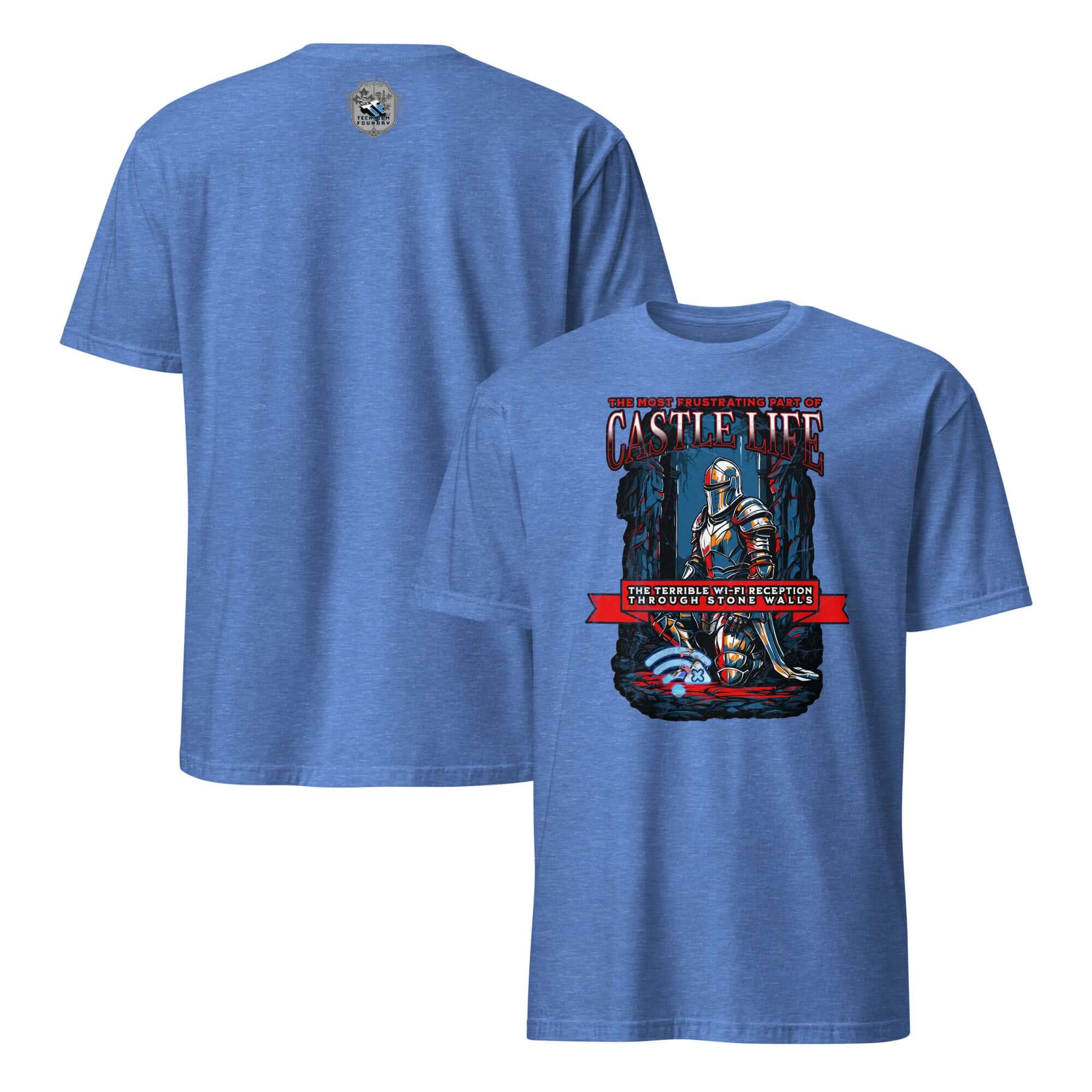 Blue t-shirt with medieval knight graphic and 'Castle Life: Terrible Wi-Fi Reception' humor, referencing stone walls and gaming challenges.