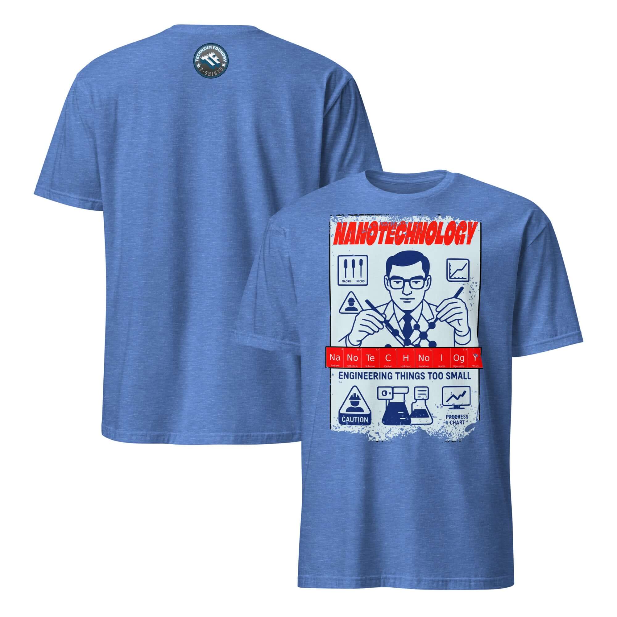 Retro blue Nanotechnology T-Shirt with "Engineering Things Too Small" poster design, featuring molecular construction theme.