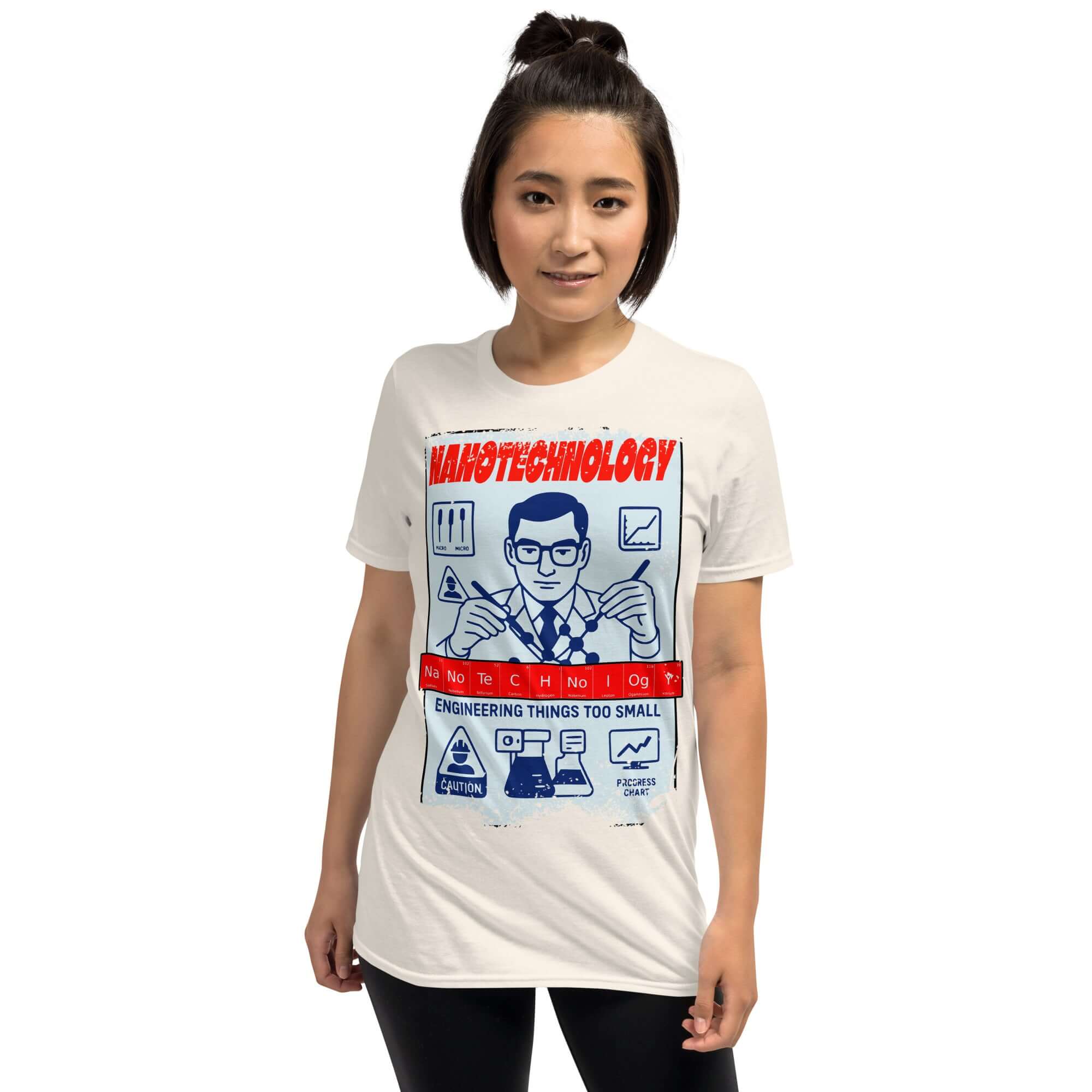 Person wearing Nanotechnology T-Shirt featuring vintage industrial safety poster design, celebrating molecular construction.