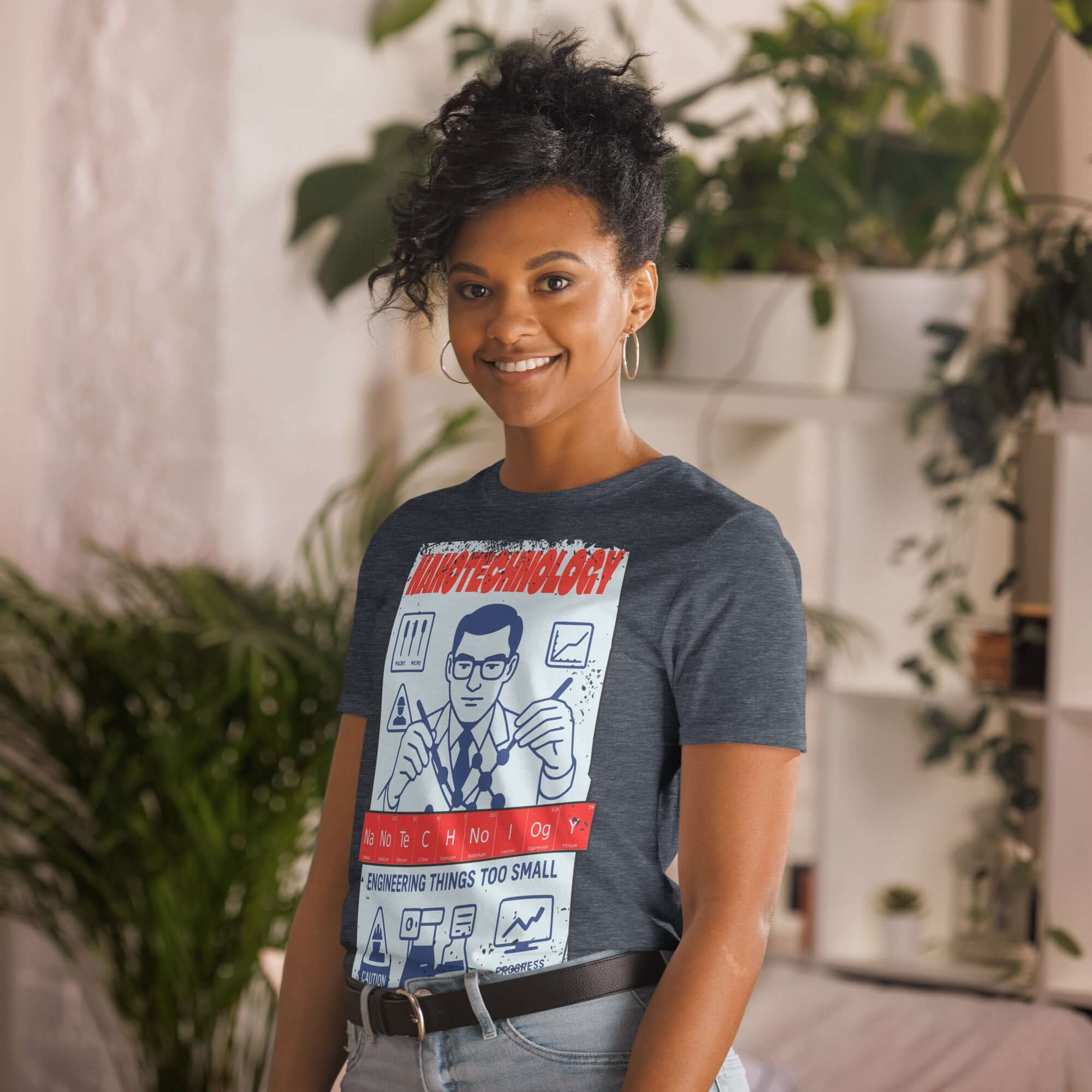 Woman wearing a Nanotechnology T-Shirt with a retro design focused on molecular construction management.