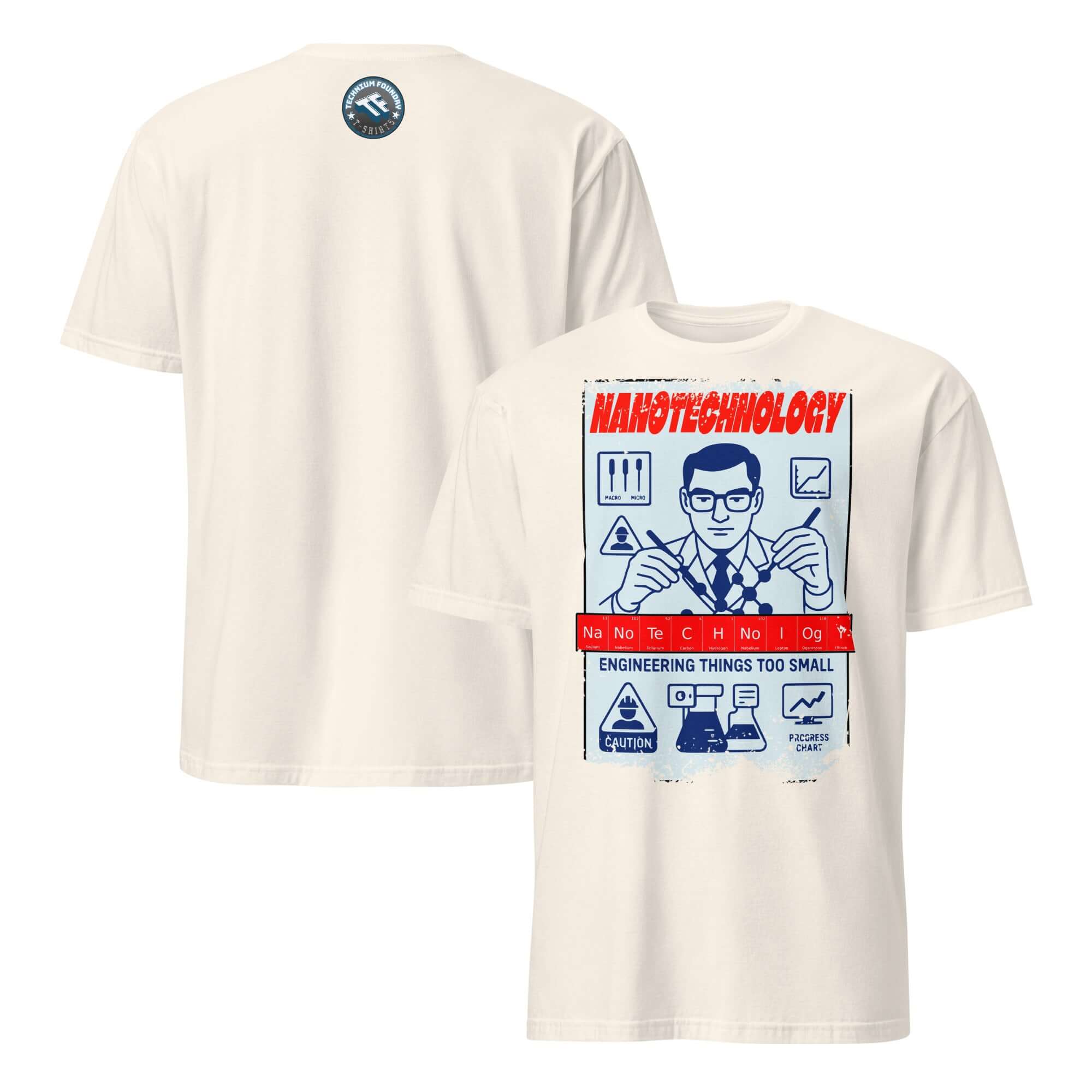 Vintage Nanotechnology T-Shirt featuring atomic scale engineering design and retro safety poster graphics.