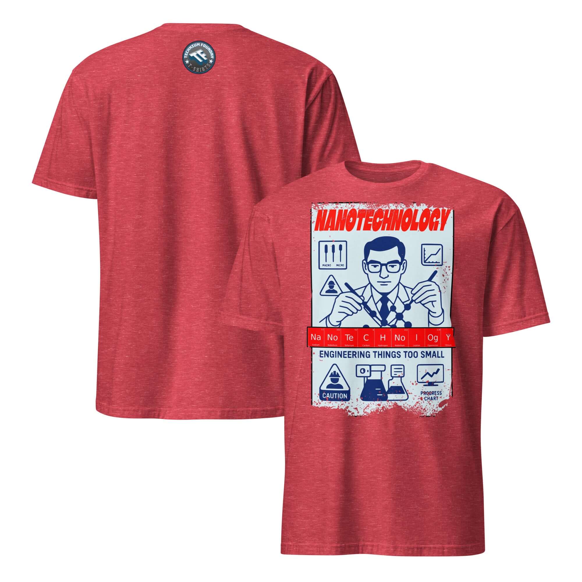 Red nanotechnology T-shirt featuring retro industrial safety poster on molecular construction engineering. Perfect for science lovers.