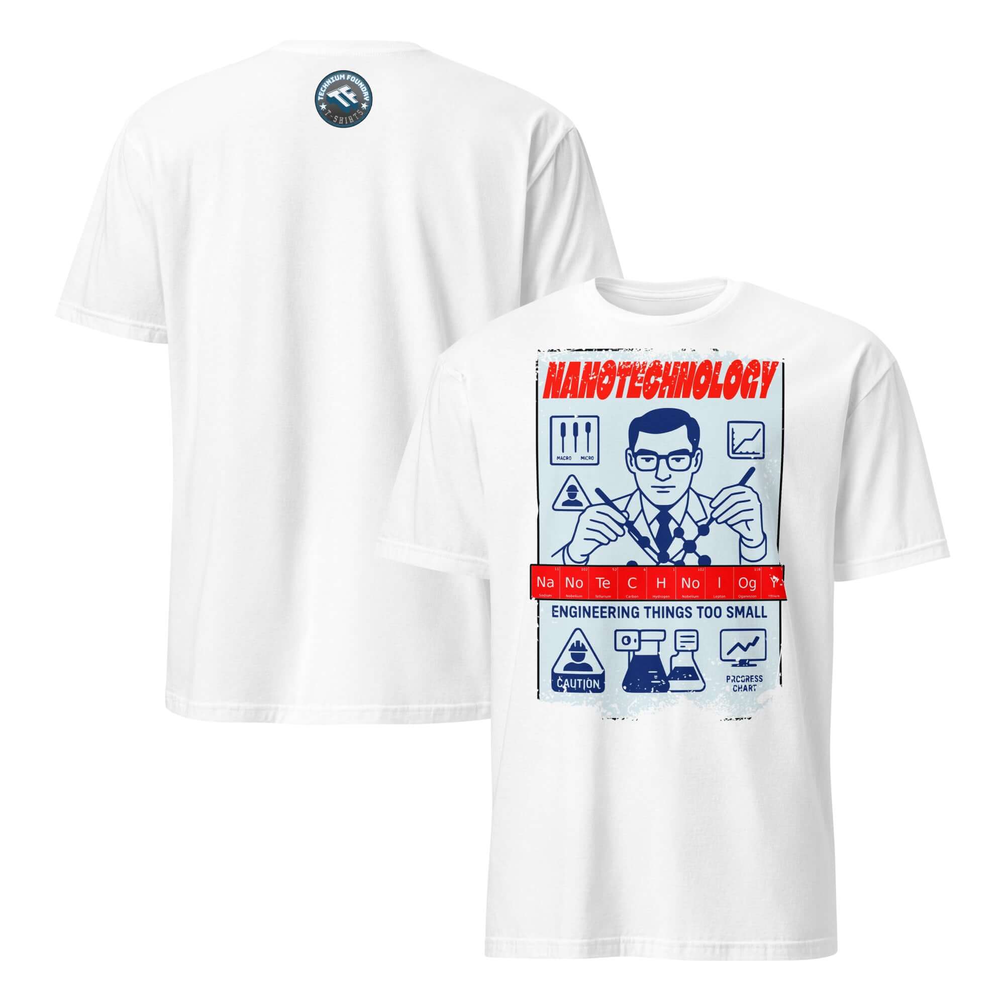 Quirky Nanotechnology T-Shirt featuring vintage molecular construction design, celebrating invisible engineering feats. White shirt front and back view.