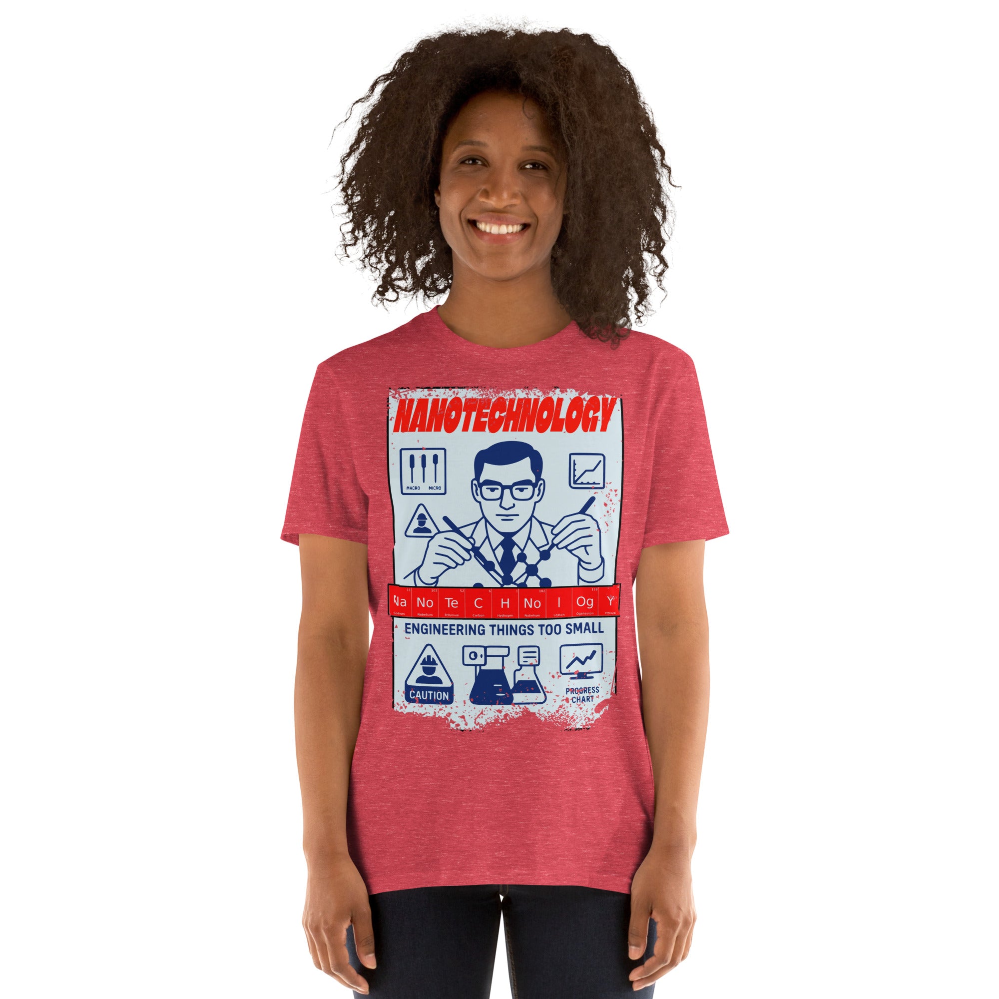 Person wearing a Nanotechnology T-Shirt with vintage industrial safety poster design celebrating molecular engineering.