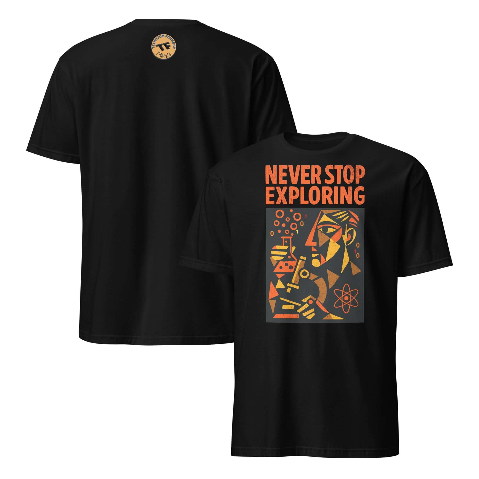 Never Stop Exploring Science T-Shirt with cubist design, promotes scientific discovery and intellectual curiosity.