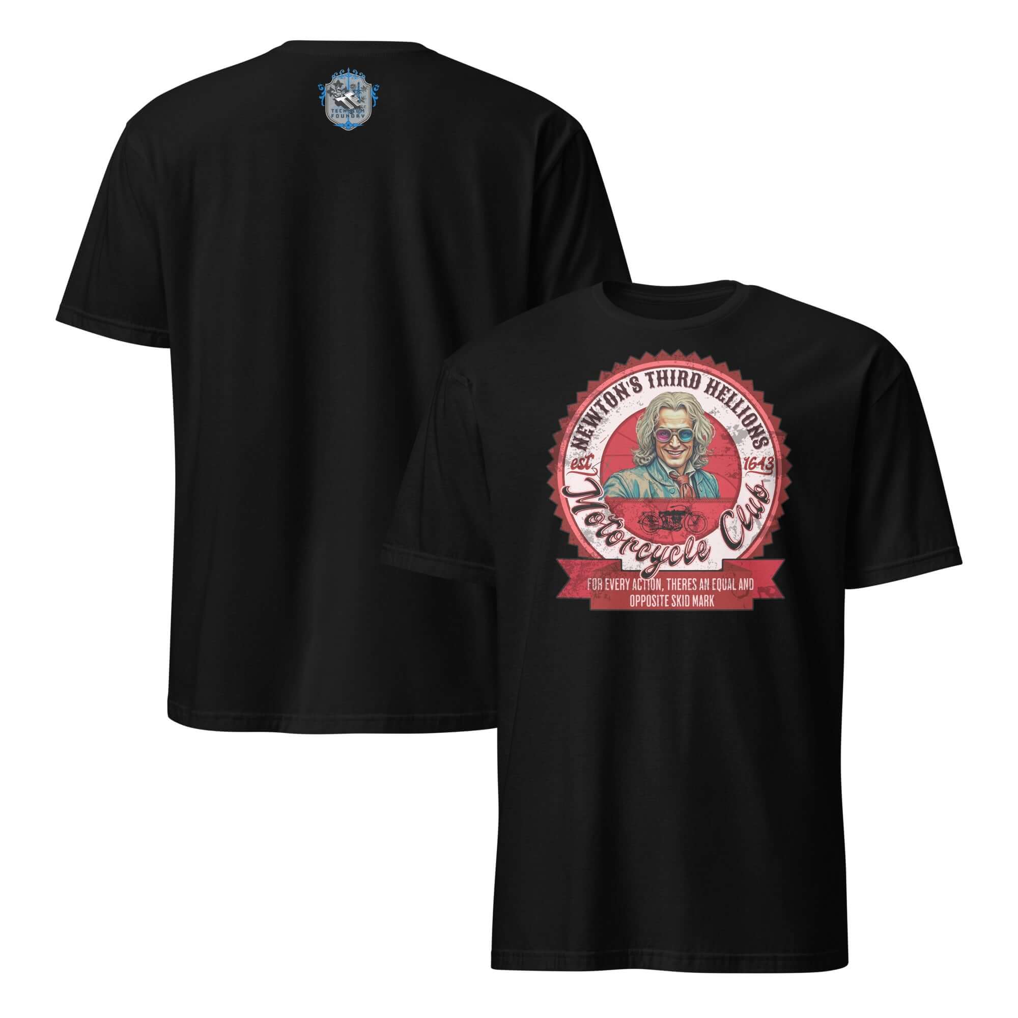 Newton's Third Hellions MC T-Shirt featuring vintage-inspired motorcycle club design with Sir Isaac Newton graphic.