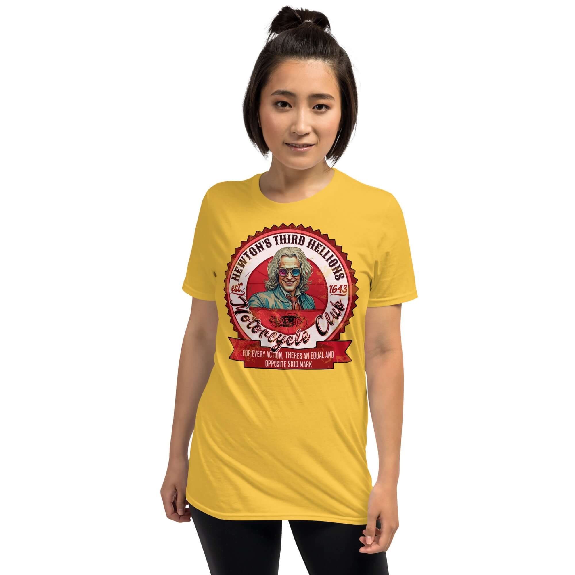 Person wearing Newton's Third Hellions MC T-Shirt, featuring vintage motorcycle club design with Isaac Newton in powdered wig.