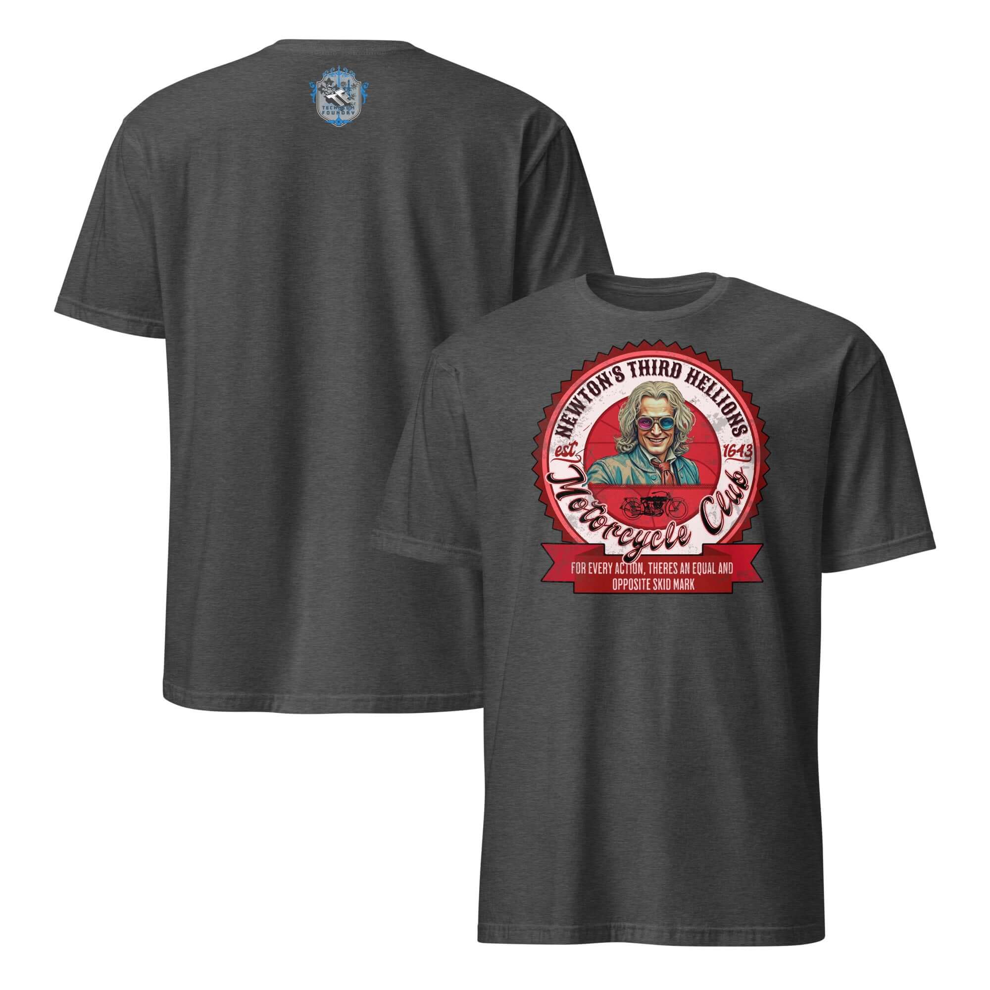 Newton's Third Hellions MC T-Shirt featuring vintage-inspired physics motorcycle club design.