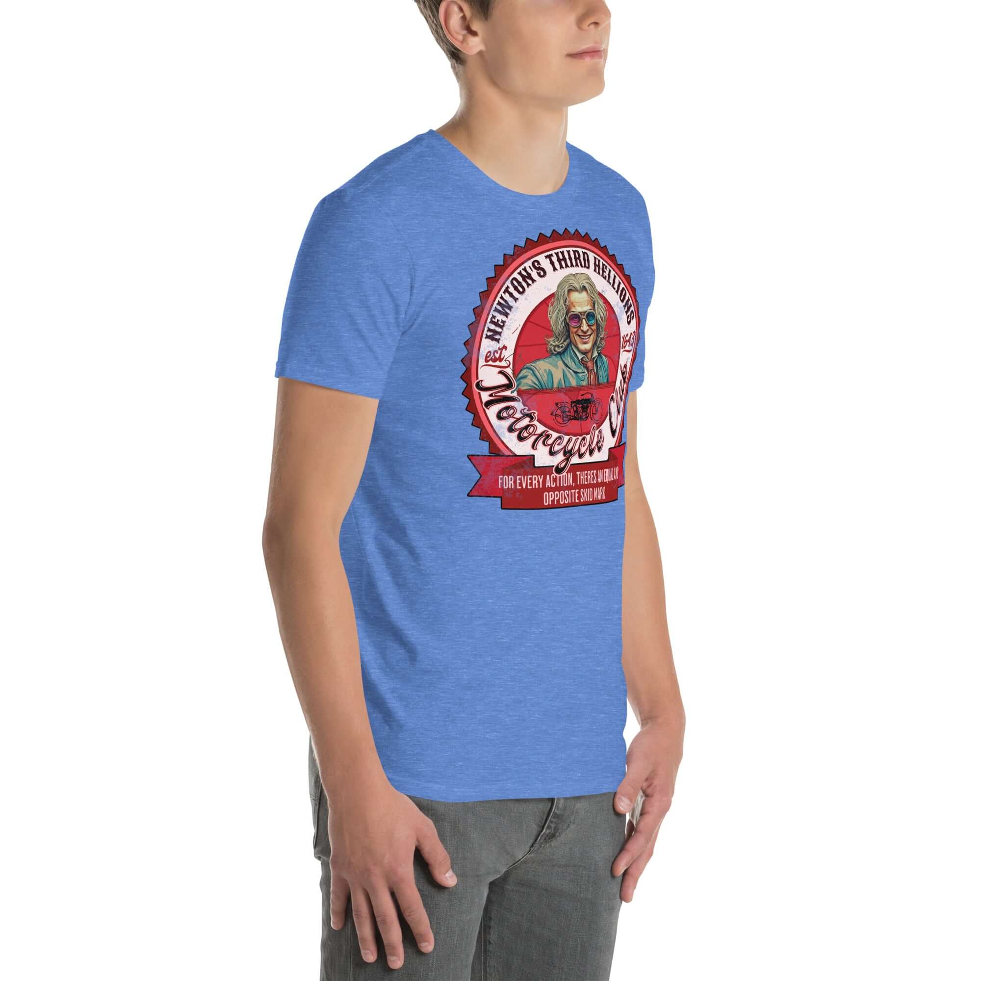 Man wearing Newton's Third Hellions MC T-Shirt, vintage design featuring Isaac Newton as a motorcycle club president