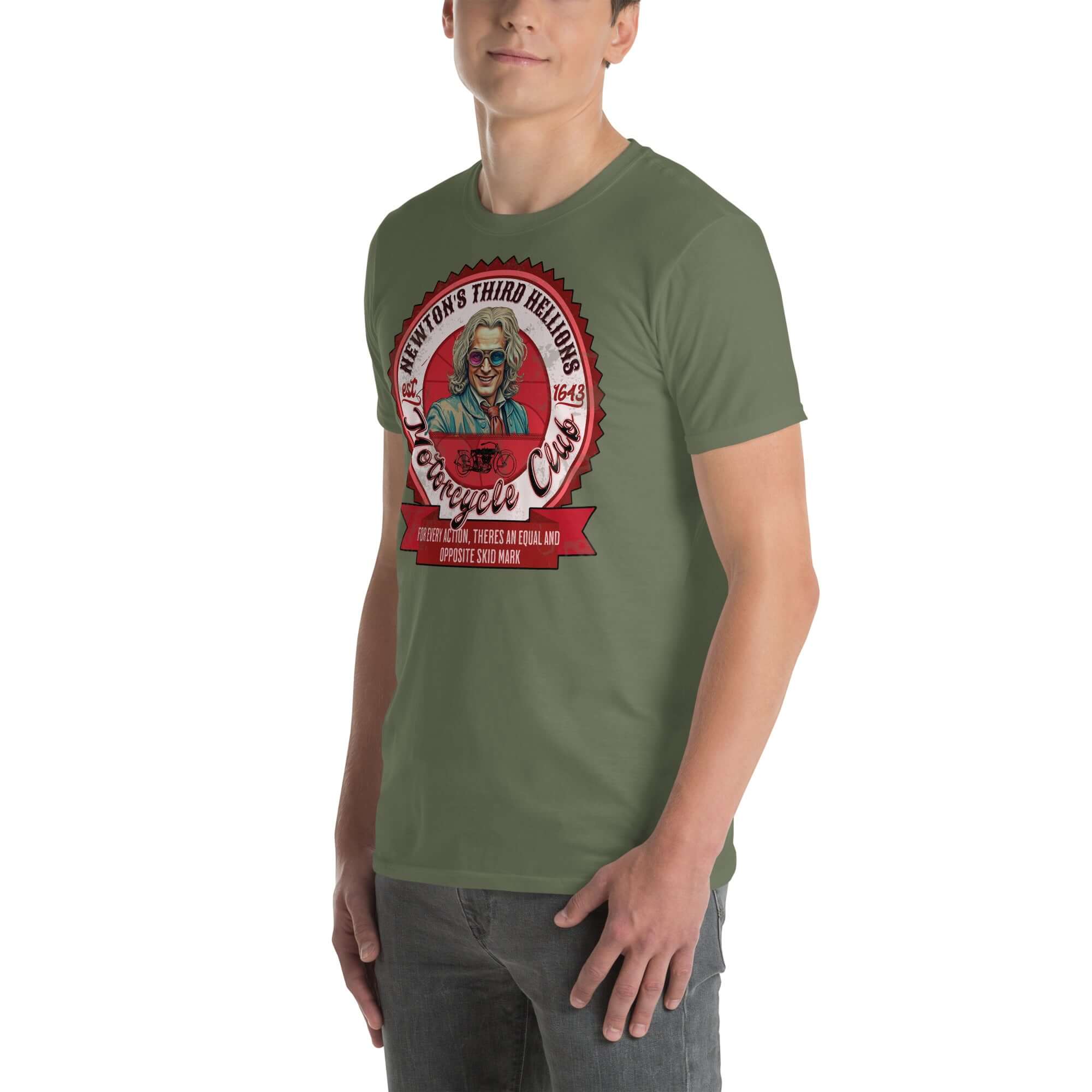 Person wearing Newton's Third Hellions MC T-Shirt, green tee with vintage physics motorcycle club design.
