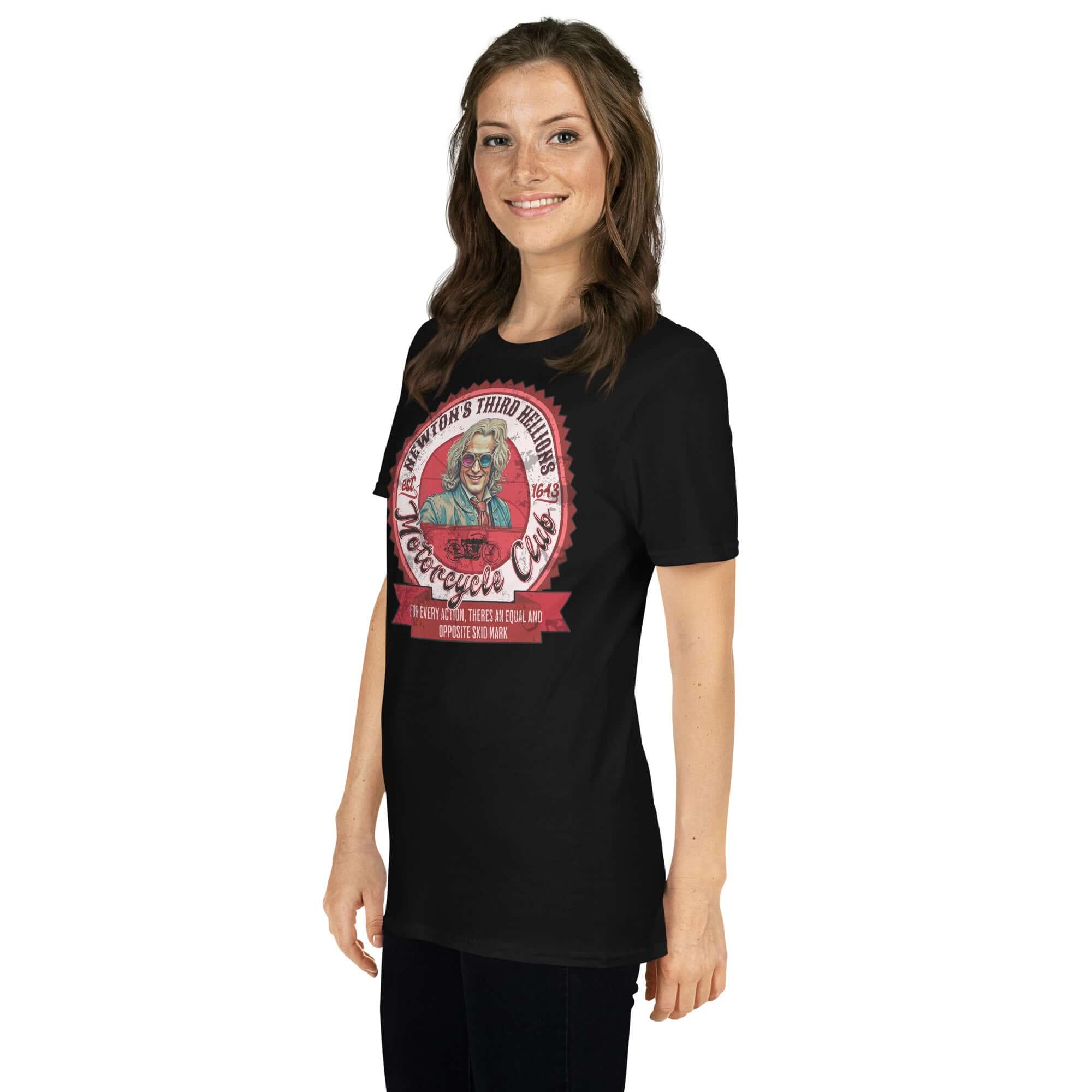Woman wearing Newton's Third Hellions MC T-Shirt with a vintage-inspired club patch design.