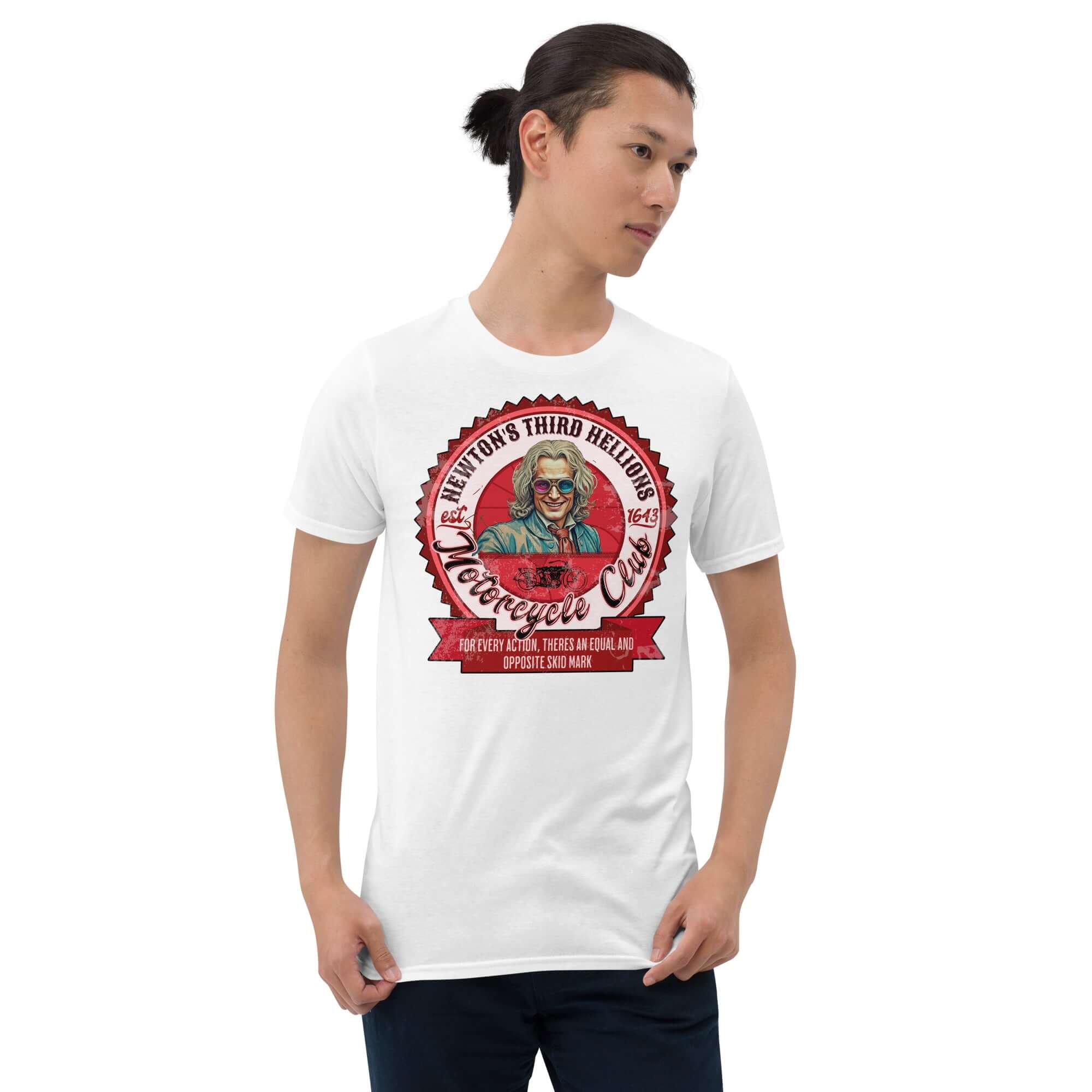 Man wearing Newton's Third Hellions MC T-Shirt featuring a vintage motorcycle club design with Isaac Newton illustration.