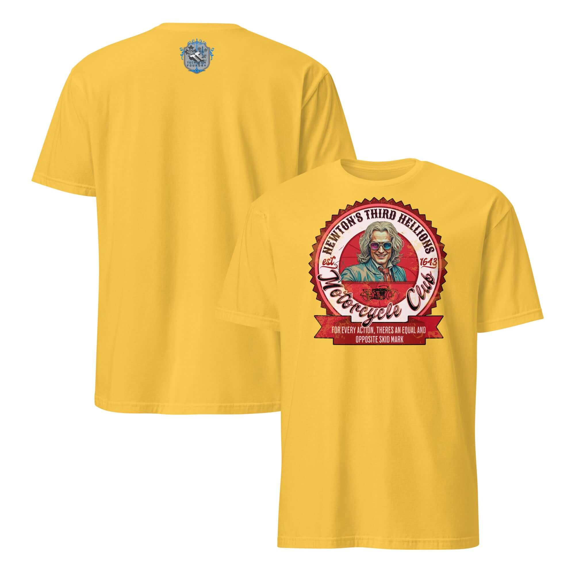 Yellow Newton's Third Hellions MC T-Shirt featuring vintage motorcycle club design with Isaac Newton in wig.