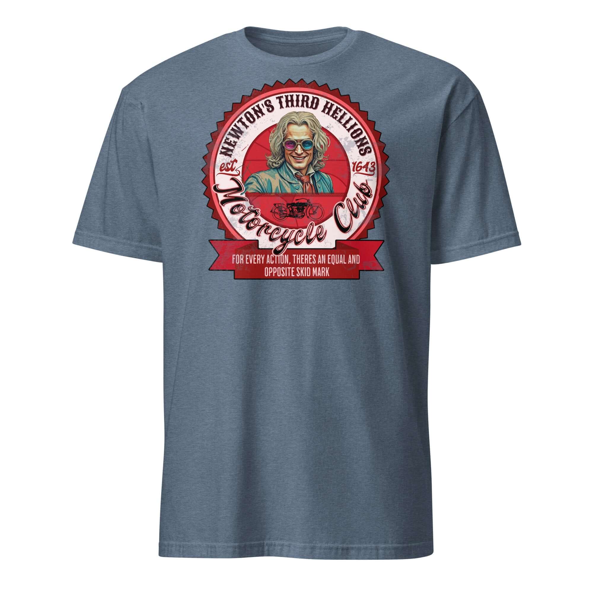Newton's Third Hellions MC T-Shirt featuring vintage motorcycle club design with Isaac Newton graphic.