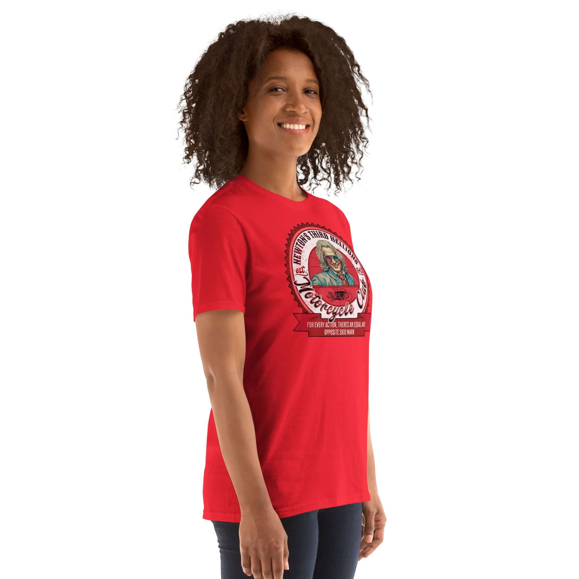 Woman wearing Newton's Third Hellions MC red T-shirt with vintage motorcycle club patch design.