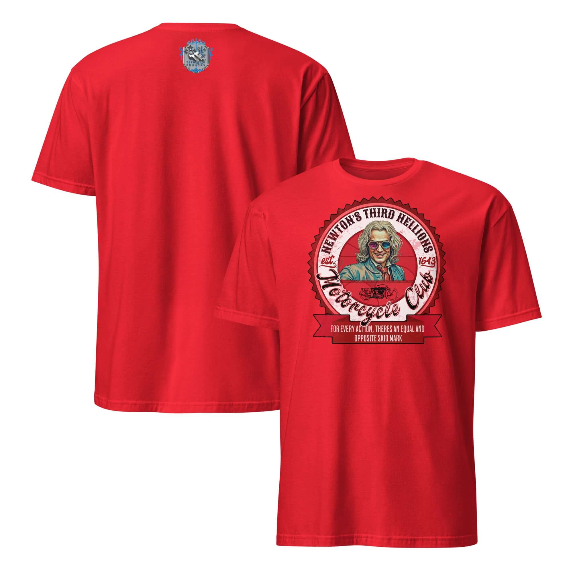 Newton's Third Hellions MC T-Shirt in red with vintage motorcycle club patch design featuring Isaac Newton.