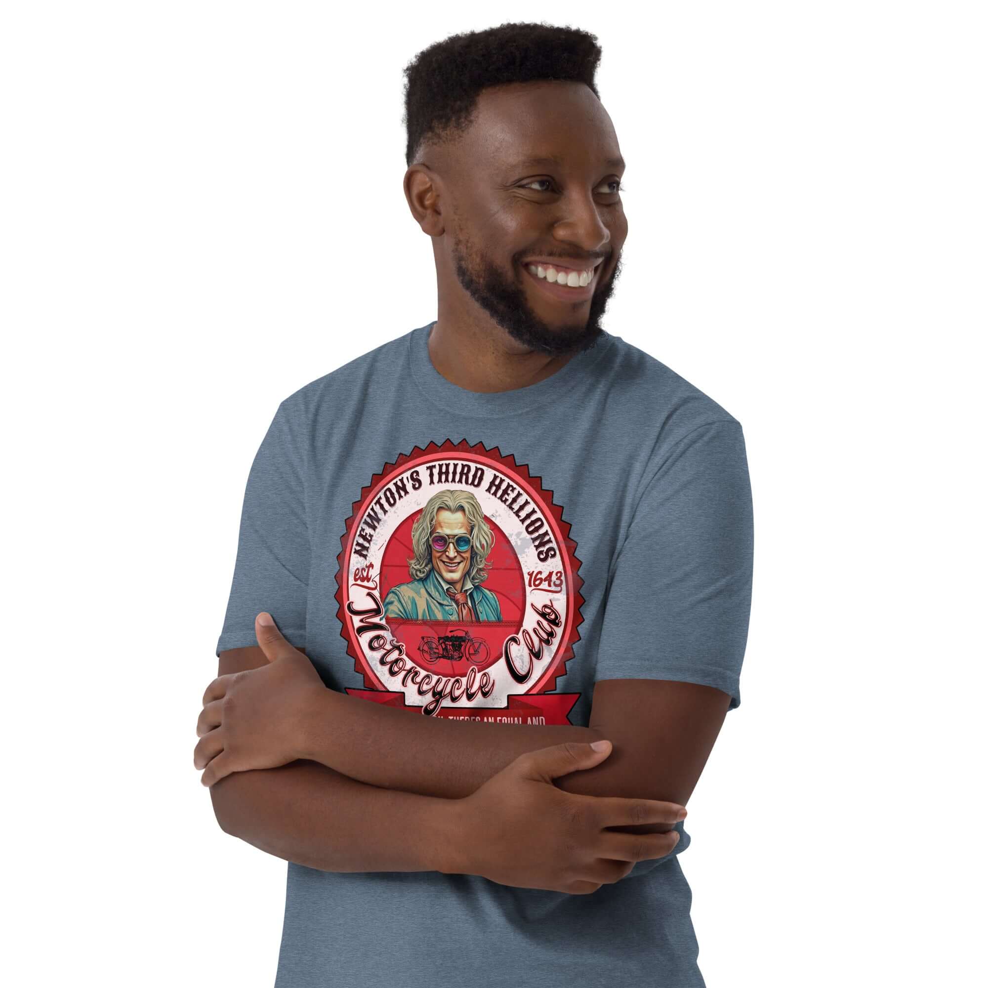 Model wearing Newton's Third Hellions MC T-Shirt featuring a vintage-style club patch with Isaac Newton graphic and motorcycle theme.