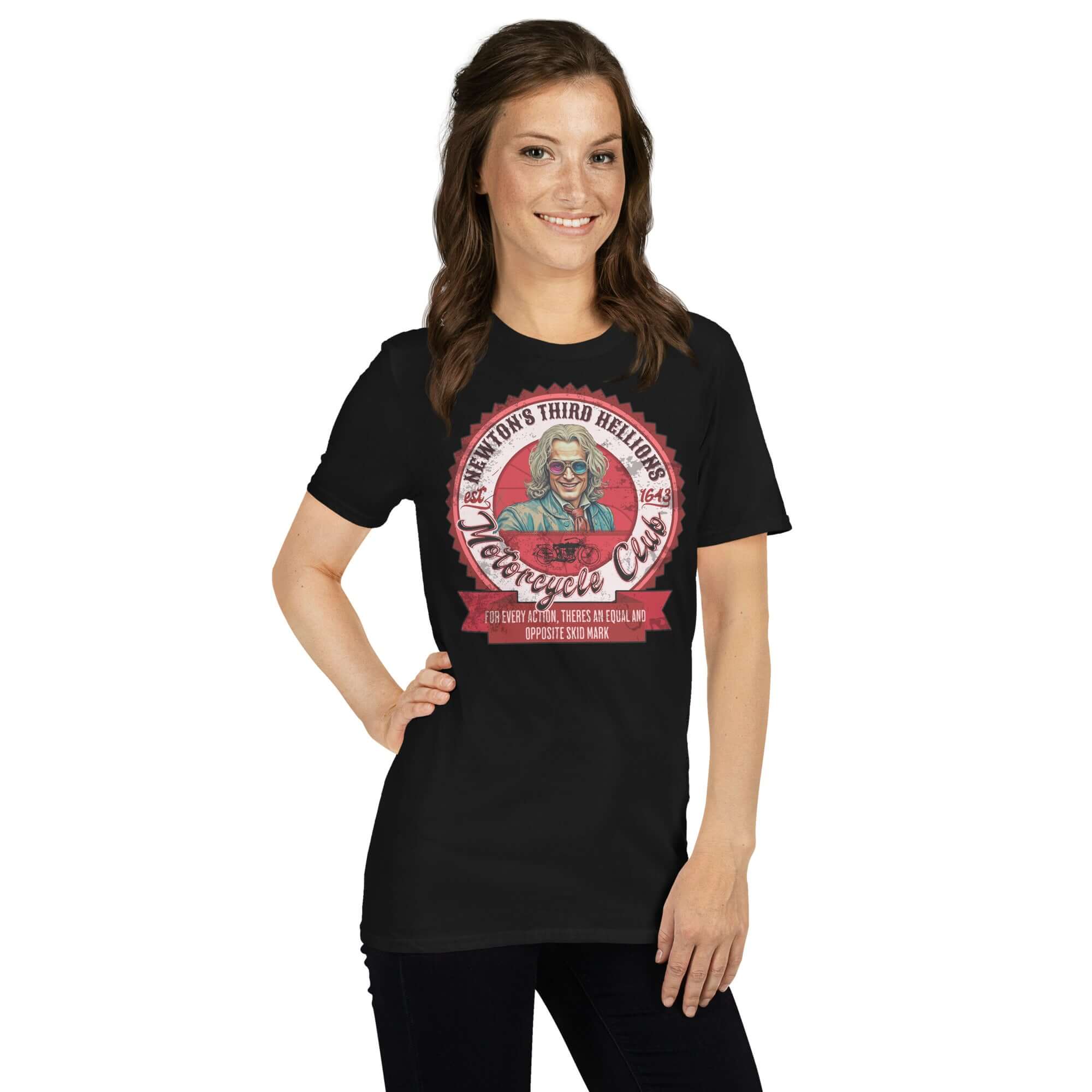Woman wearing Newton's Third Hellions MC T-Shirt with vintage motorcycle club design