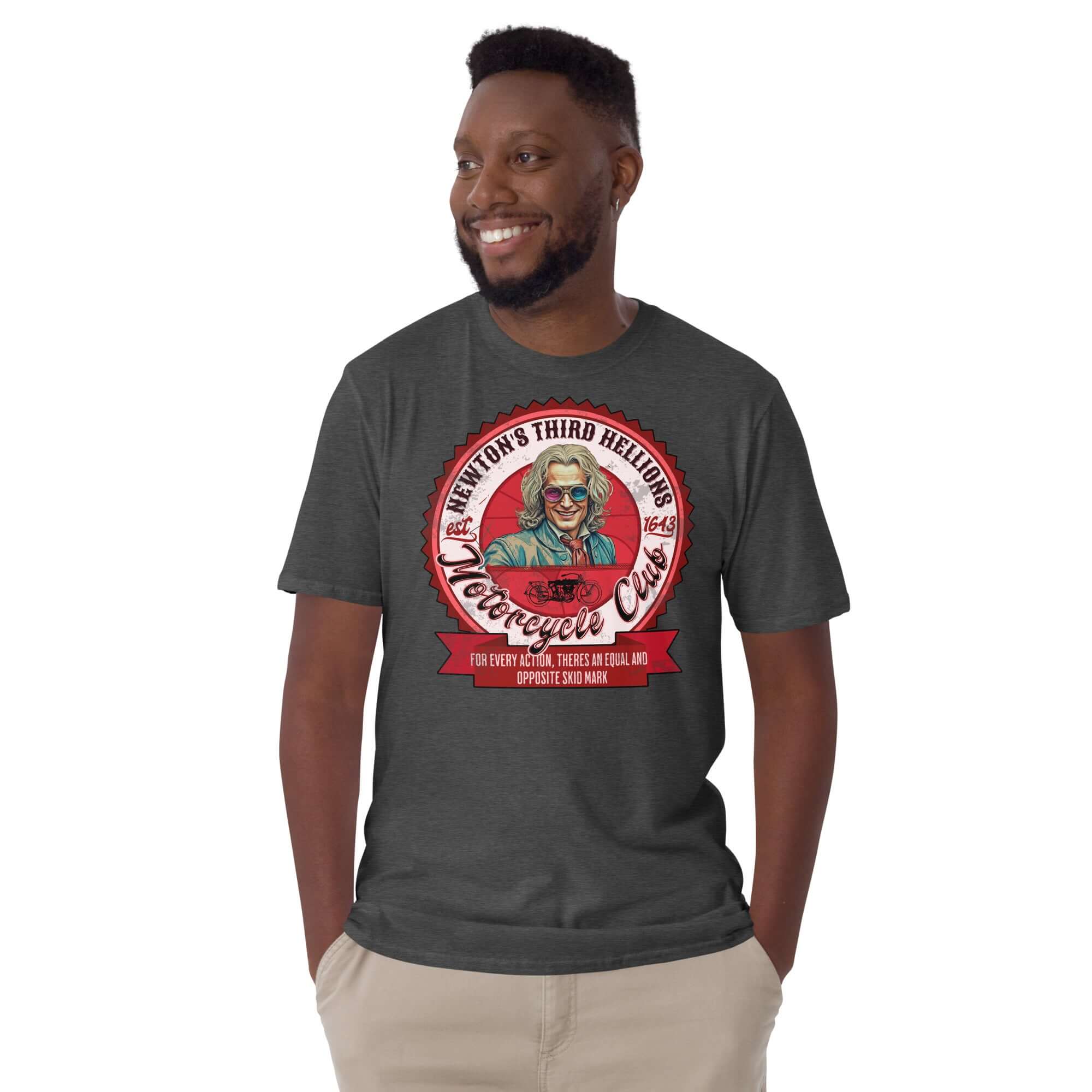 Man wearing Newton's Third Hellions MC T-Shirt with physics motorcycle club design.