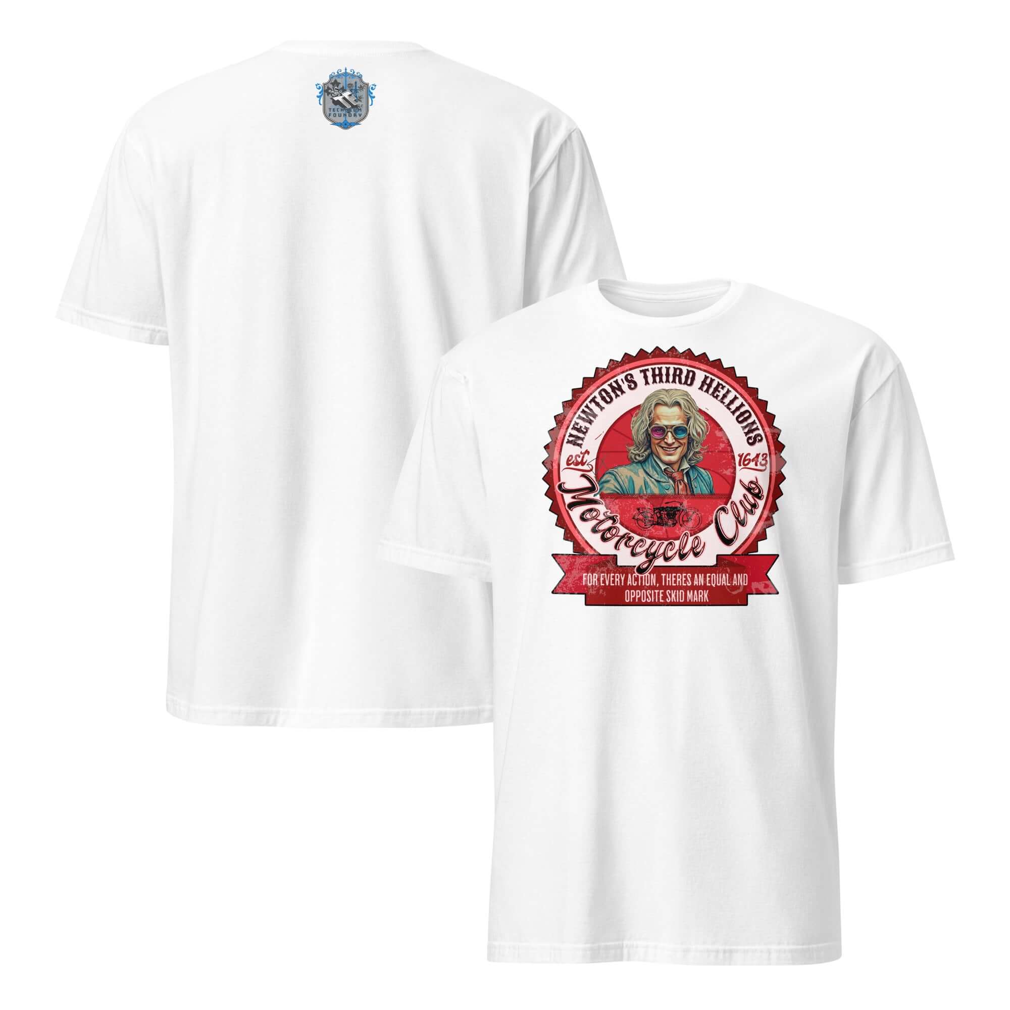 Newton's Third Hellions MC T-Shirt featuring vintage-inspired club patch design with Newton in wig, perfect for physics motorcycle enthusiasts.