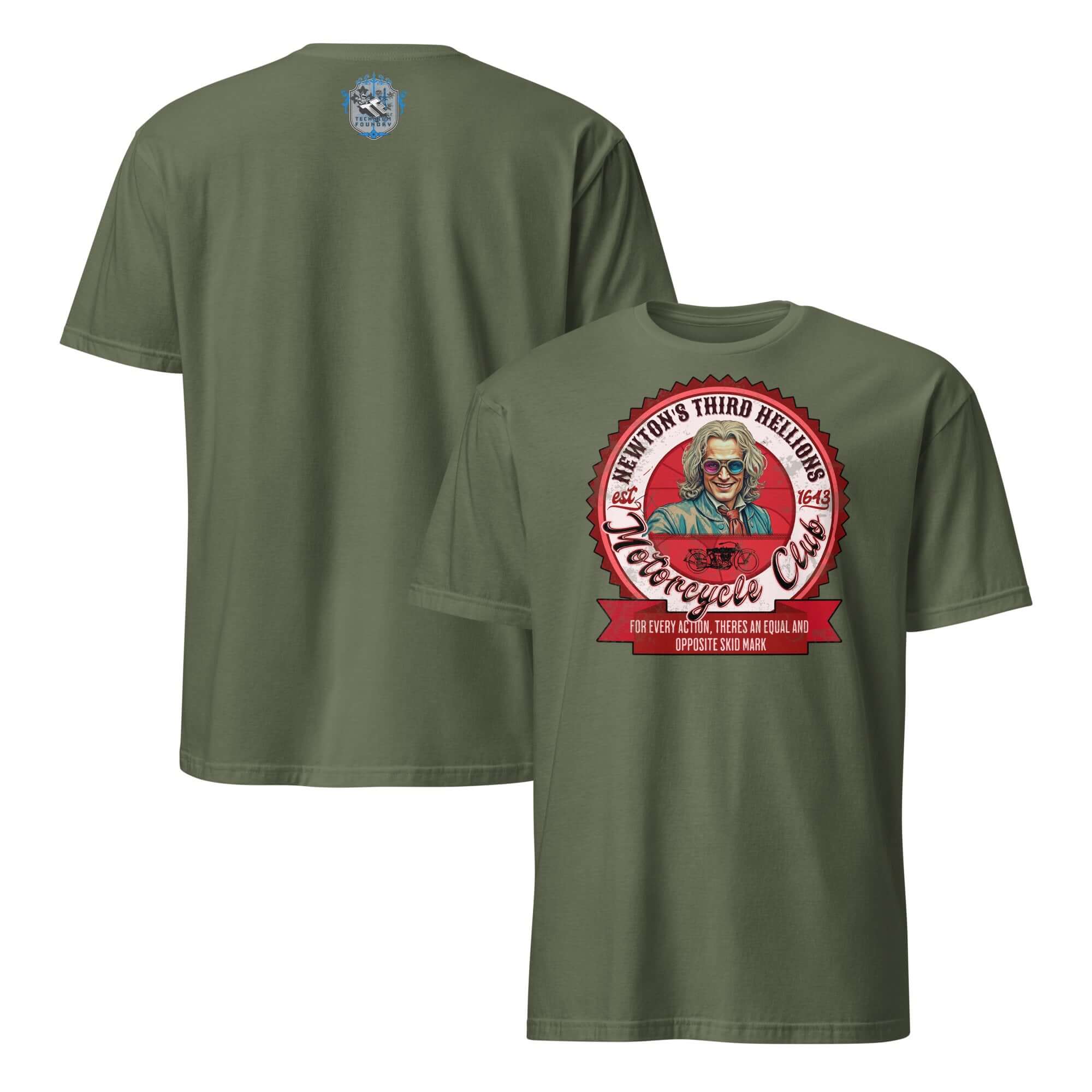 Olive green Newton's Third Hellions MC T-Shirt with vintage motorcycle club design featuring Sir Isaac Newton theme on both sides.
