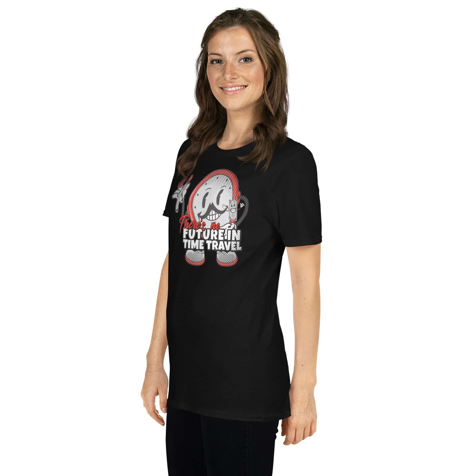 Woman wearing "There's No Future in Time Travel" t-shirt with cartoon clock character, retro gaming inspired apparel, vibrant red graphic.
