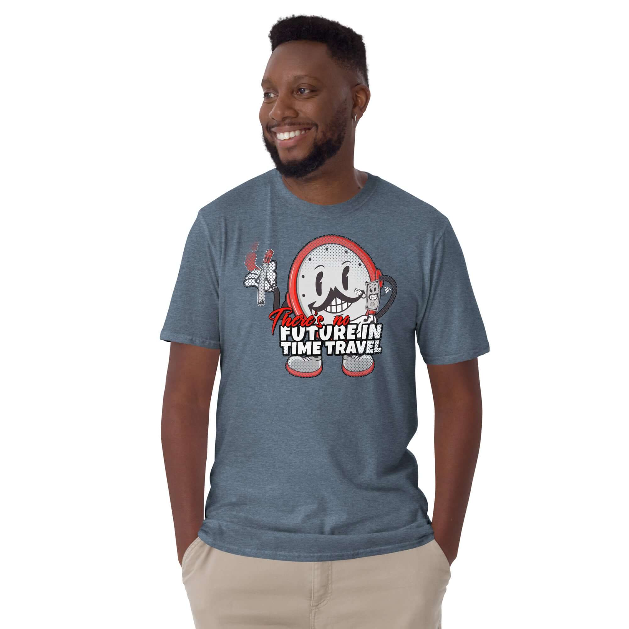 Man wearing 'There's No Future in Time Travel' t-shirt with retro cartoon clock, headphones, cigarette, on red background.