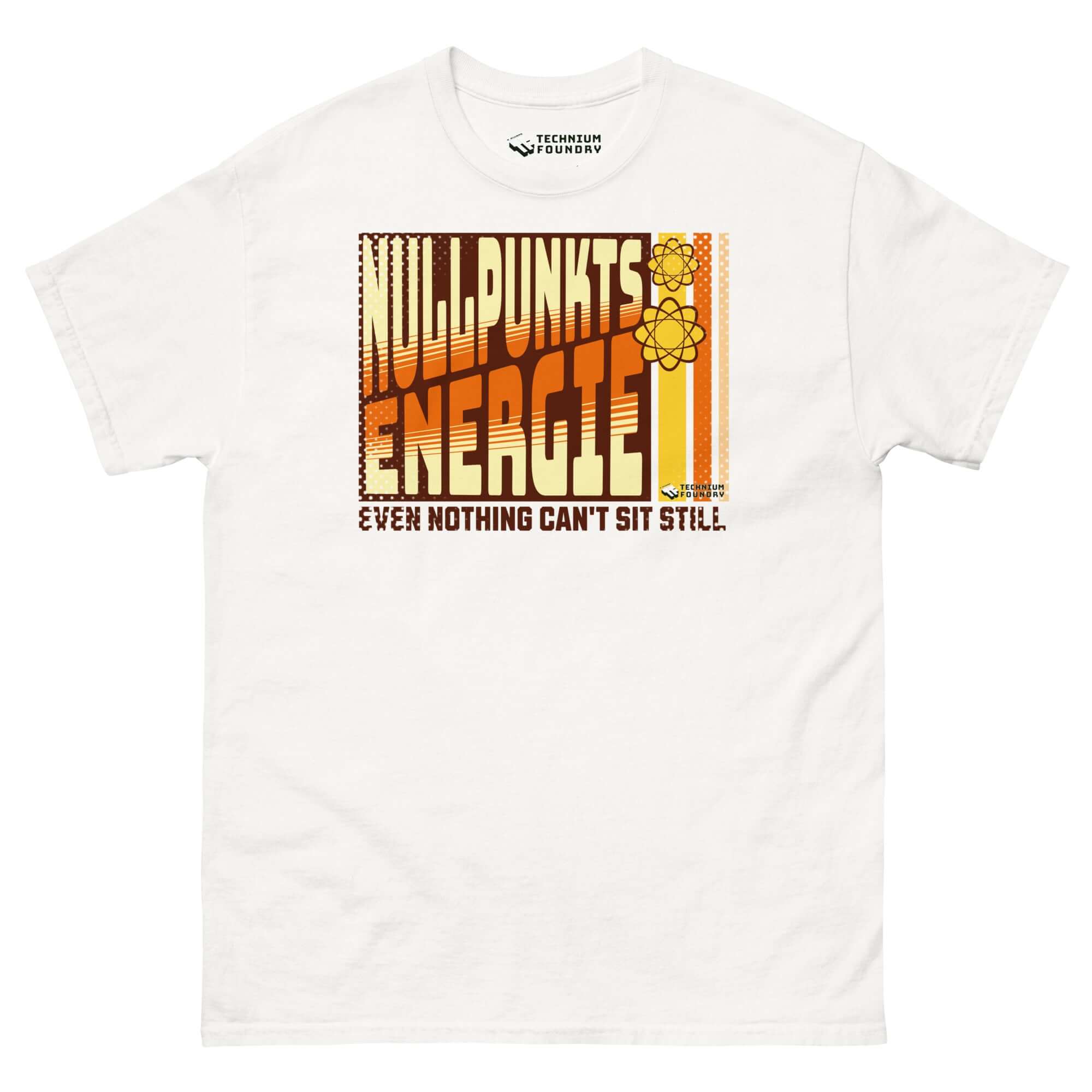Retro Nullpunktsenergie T-Shirt with 70s typography and atomic design by Technium Foundry. Celebrate quantum physics in style.