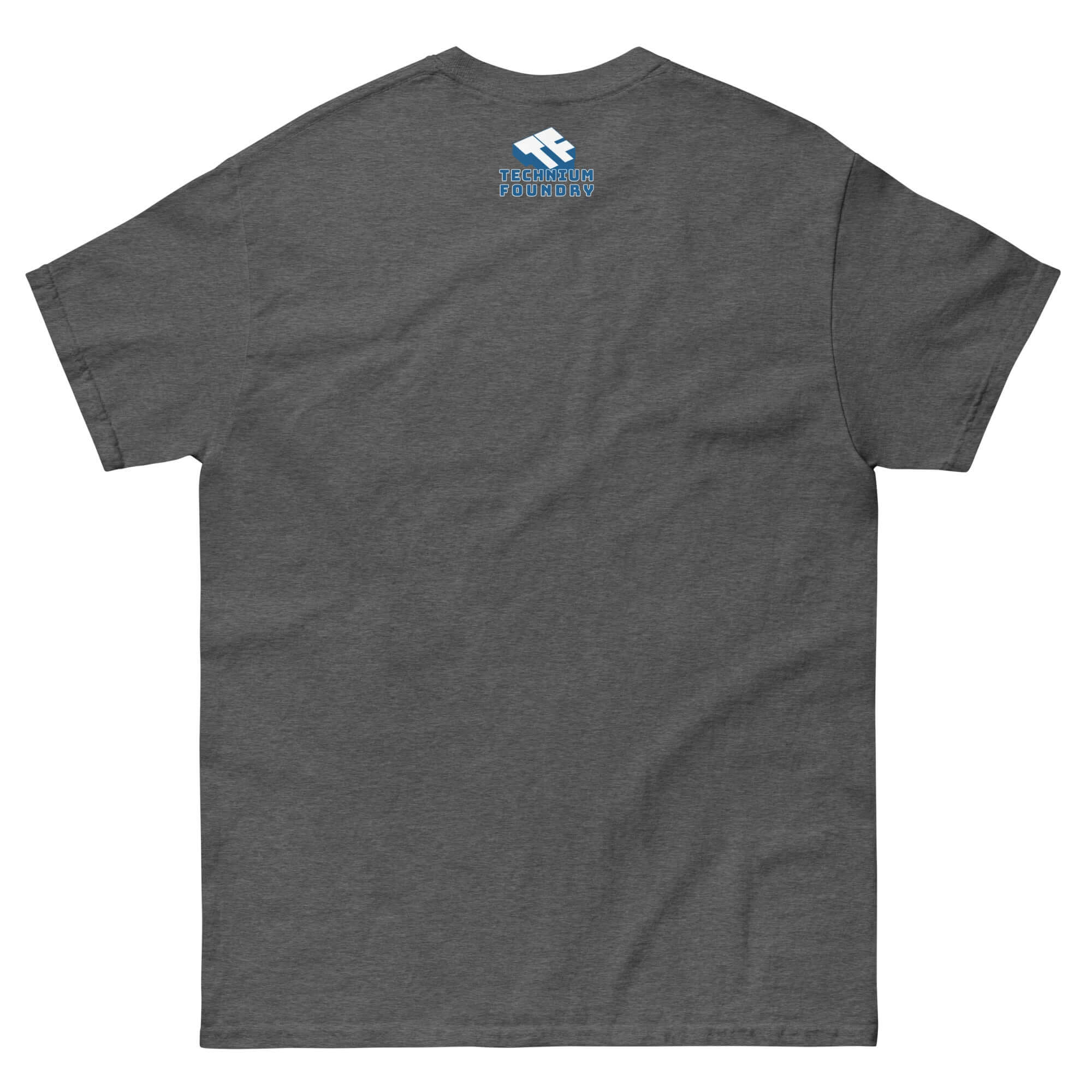 Back view of charcoal One Over 137 t-shirt featuring bold blue 3D typography celebrating the fine-structure constant in street style.