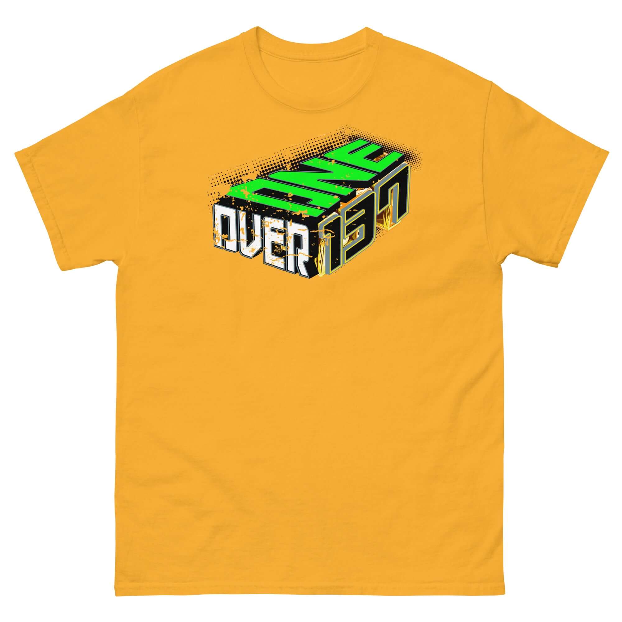 Yellow "One Over 137" physics-themed t-shirt with bold 3D typography celebrating the fine-structure constant.