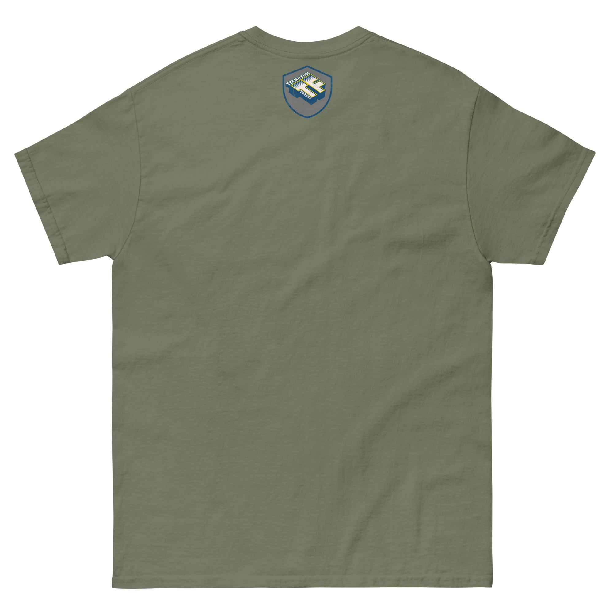 Back view of green t-shirt with periodic table humor patch design.