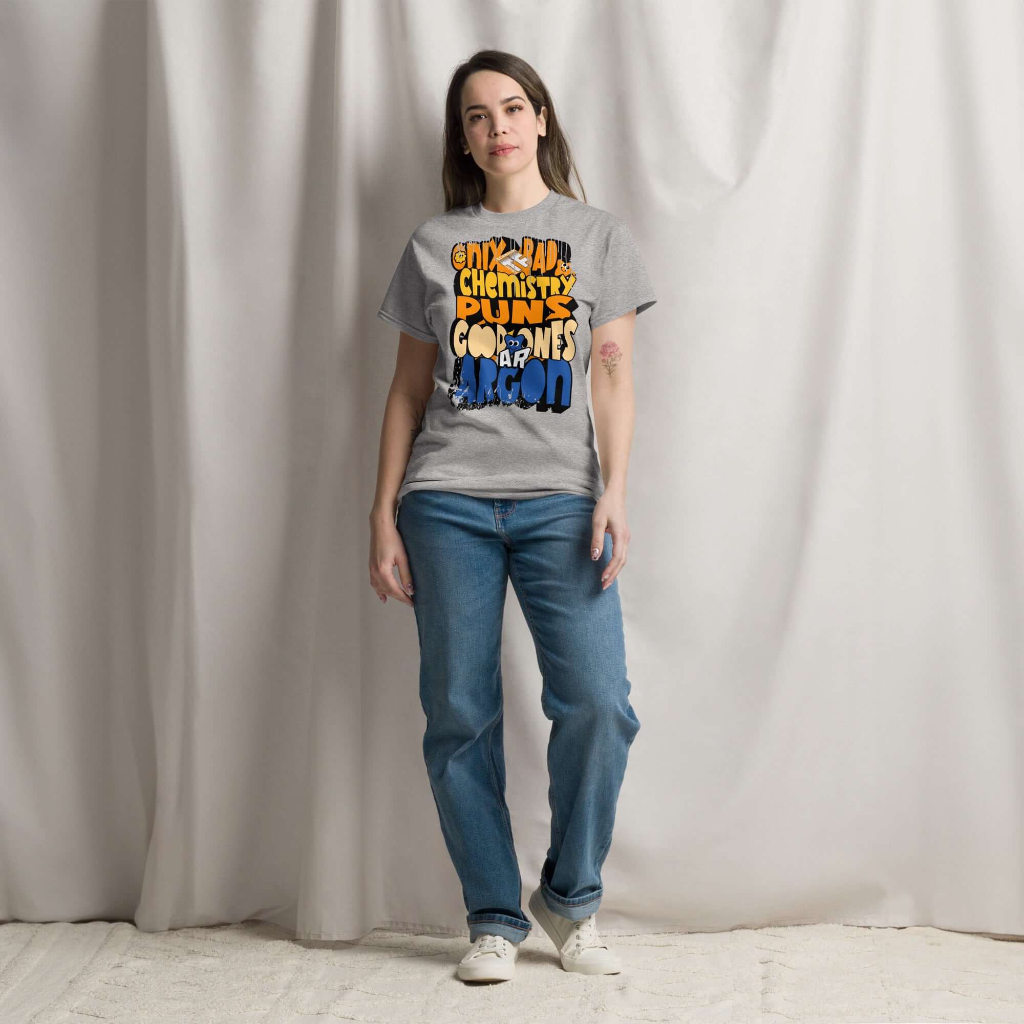 Person wearing Only Bad Chemistry Puns Argon T-Shirt, featuring periodic table humor and eye-roll-inducing pun design.