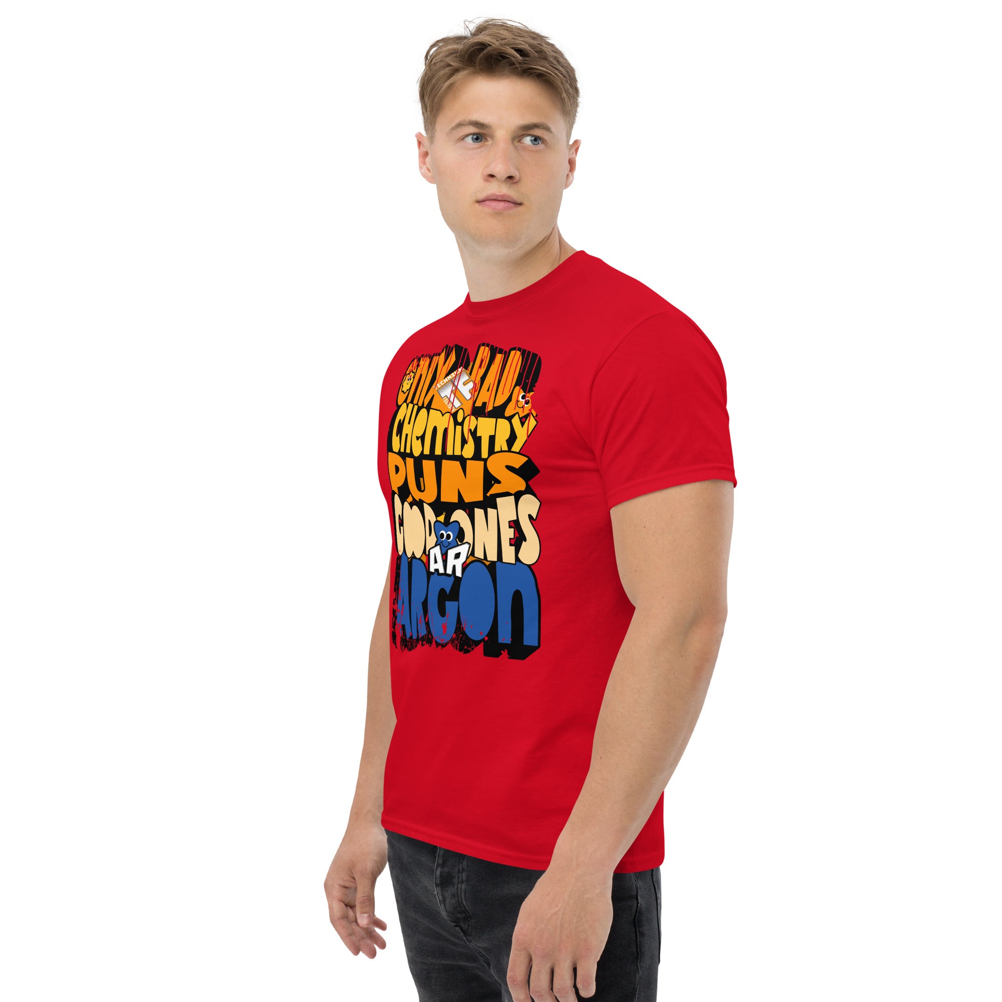 Red Argon chemistry puns t-shirt featuring humorous periodic table design, ideal for science enthusiasts with a love for jokes.