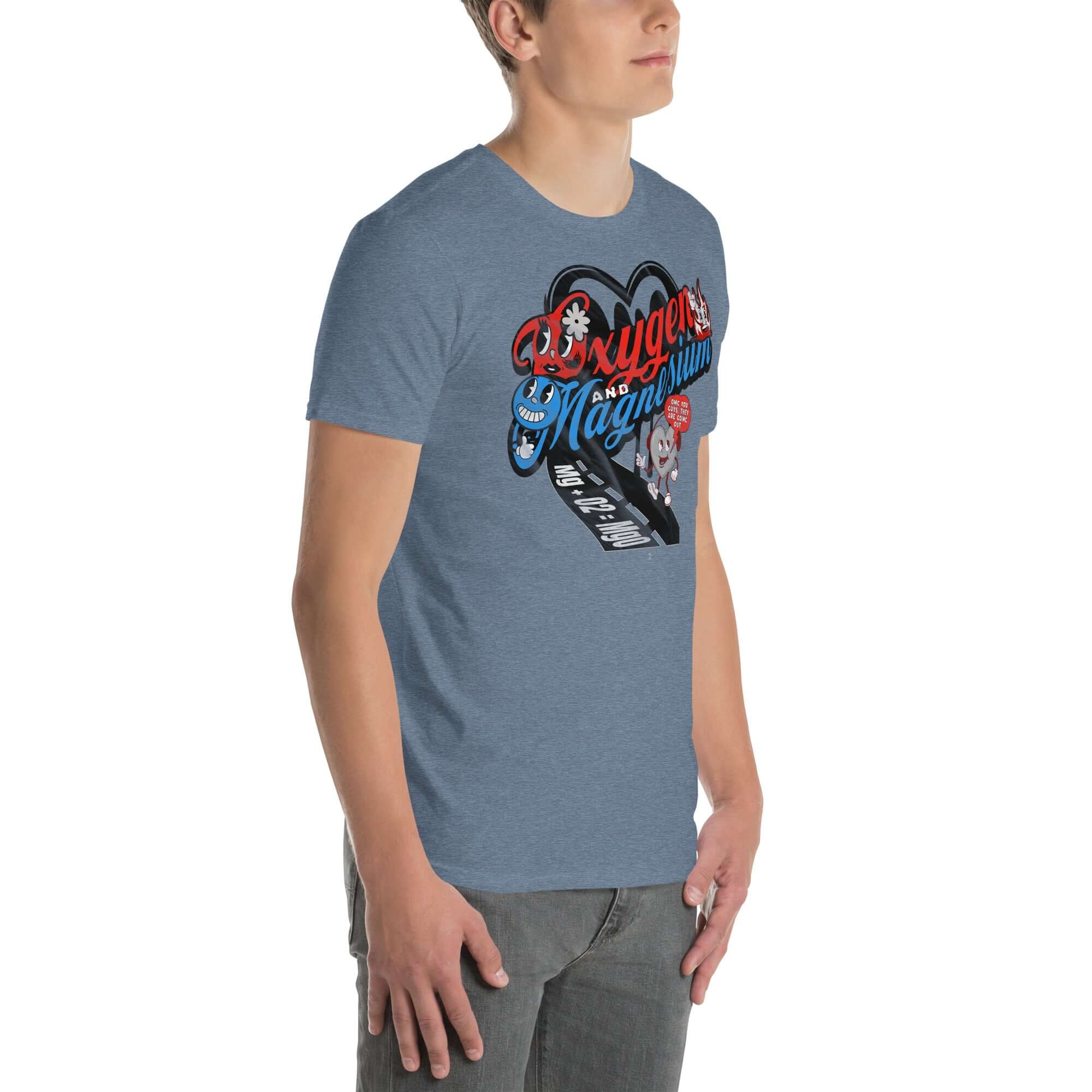 Oxygen and Magnesium OMG T-Shirt featuring Chemistry Love Story design, blue color, worn by model, periodic table romance theme