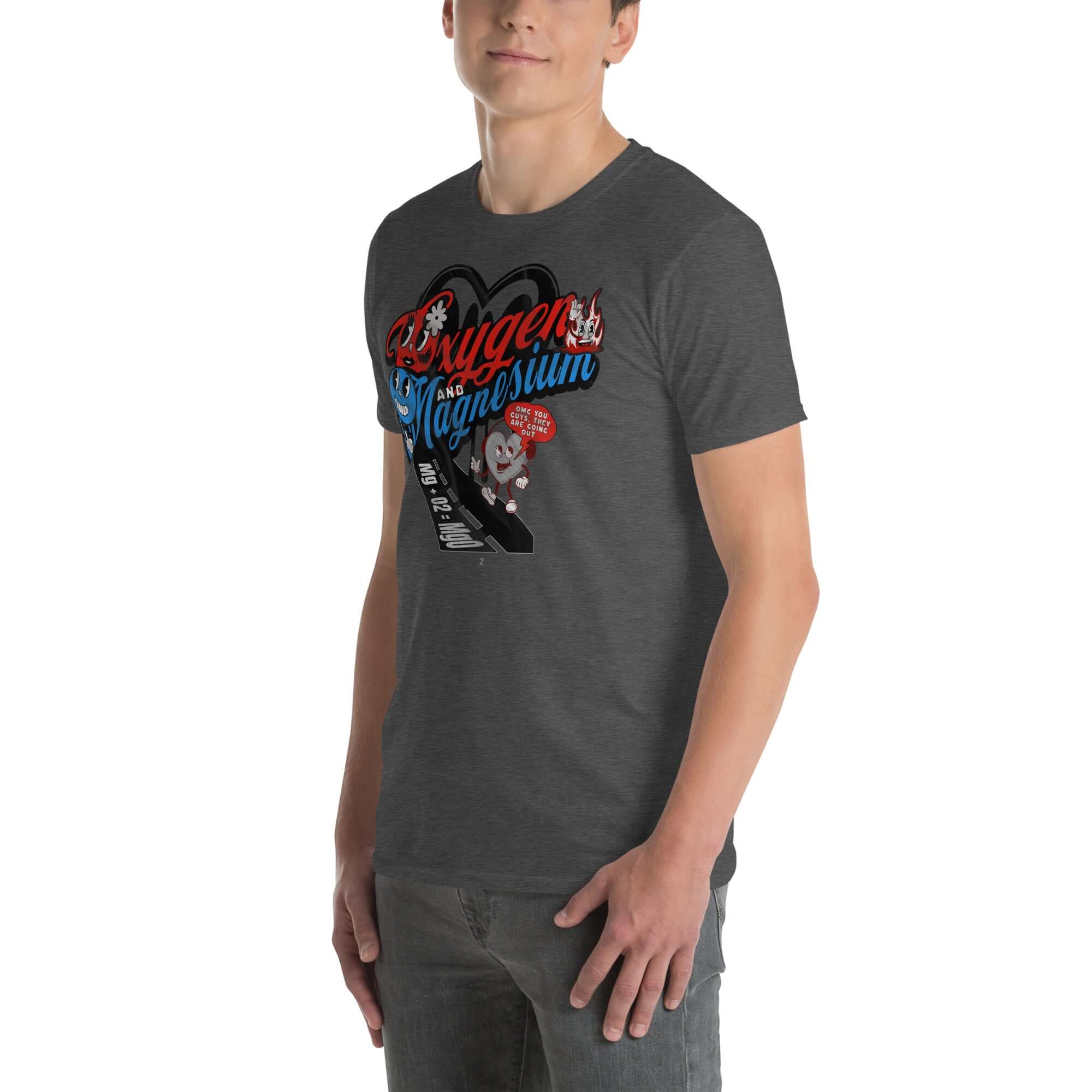 Grey T-shirt featuring 'Oxygen and Magnesium OMG' chemistry love story design with periodic table theme.