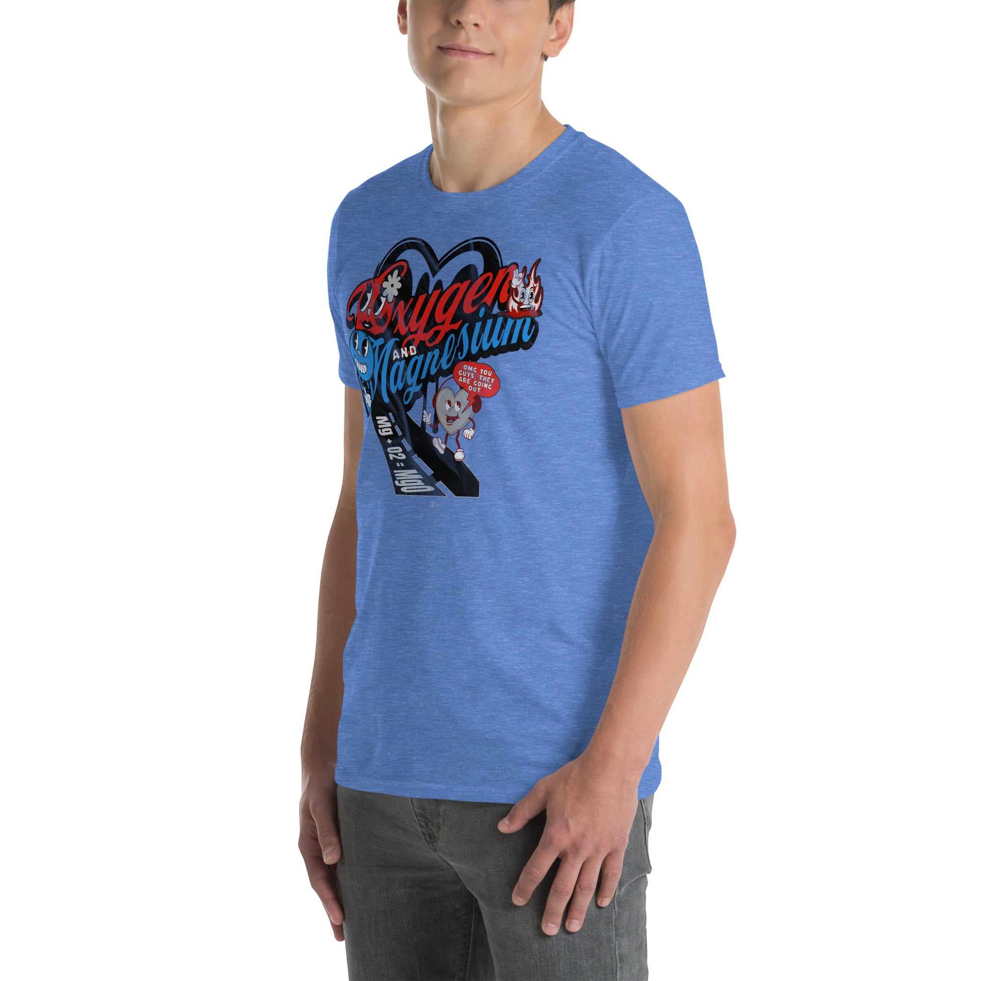 Blue OMG T-Shirt featuring Oxygen and Magnesium chemistry love story design, highlighting the hottest relationship in the periodic table.