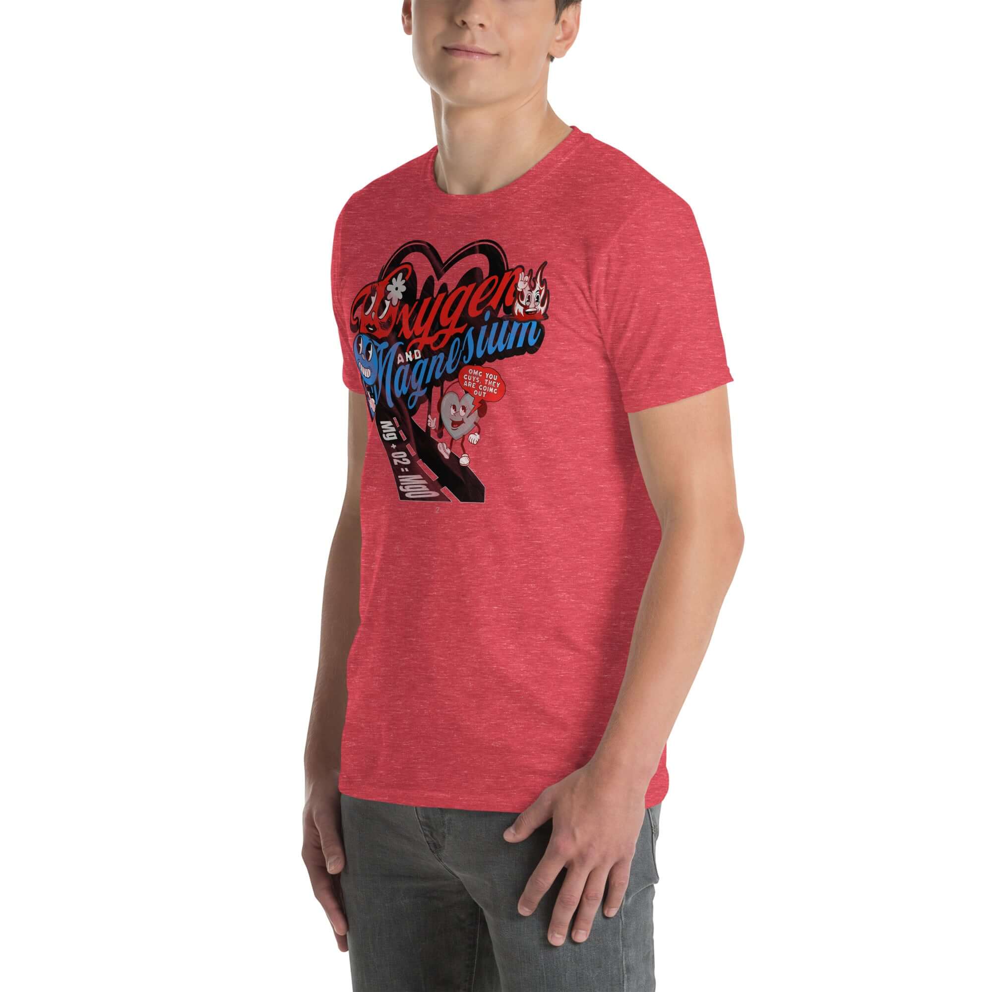 Red OMG T-shirt featuring Oxygen and Magnesium chemistry love story design with romantic molecular formula symbols.